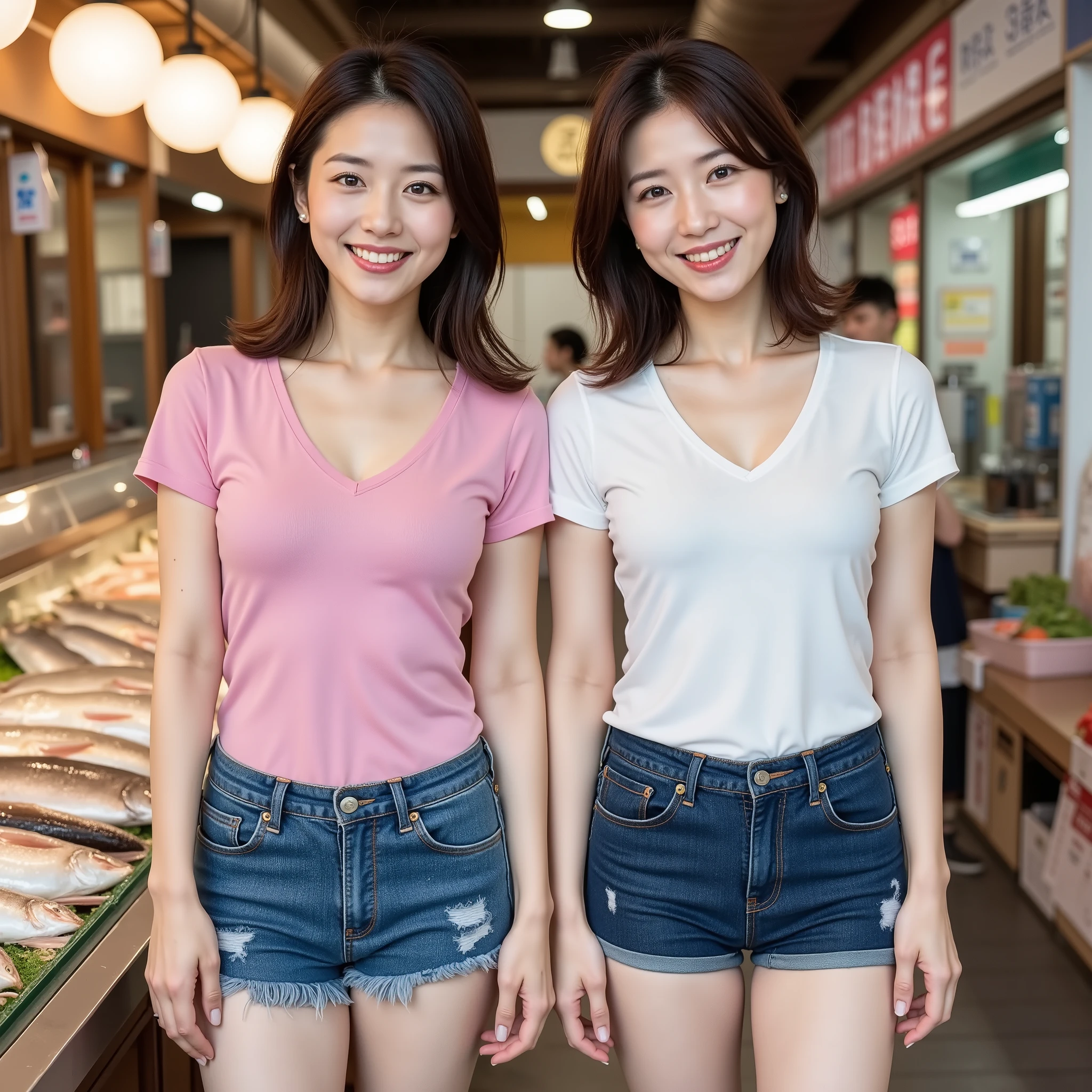 『 my face and hairstyle look different ２ Japanese girls:1.9』『 real photos:1.3』 best quality :1.2、(( big breasts))、 showing slight cleavage 、(( young woman))、(( have red cheeks ))(( smiling showing teeth :1.3))、((( anatomically correct、 Complete anatomy、 anatomically correct指)))、 realistic,  best quality ,  super high resolution,  RAW photo, (Curvy body)、 markets that sell lots of fish、I'm here to shop 、 jeans shorts、 V-neck shirts in different colors (Masterpiece), ( best quality ),  Photorealism ,  realistic , (1fille), only,  Perfect Body ,  big breasts,  sexy,  Cyborg Parts , smile,   chemise blanche  , stomach, Slim legs