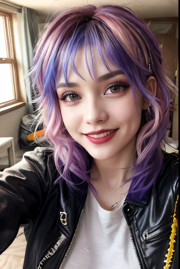 ung girl, bedroom, messy hair, rainbow hair, alternative, glam rock hairstyle and clothes, glam rock makeup, shy smile, lipstick, fire indoors, teeth, big breasts, jacket, selfie, cute,
