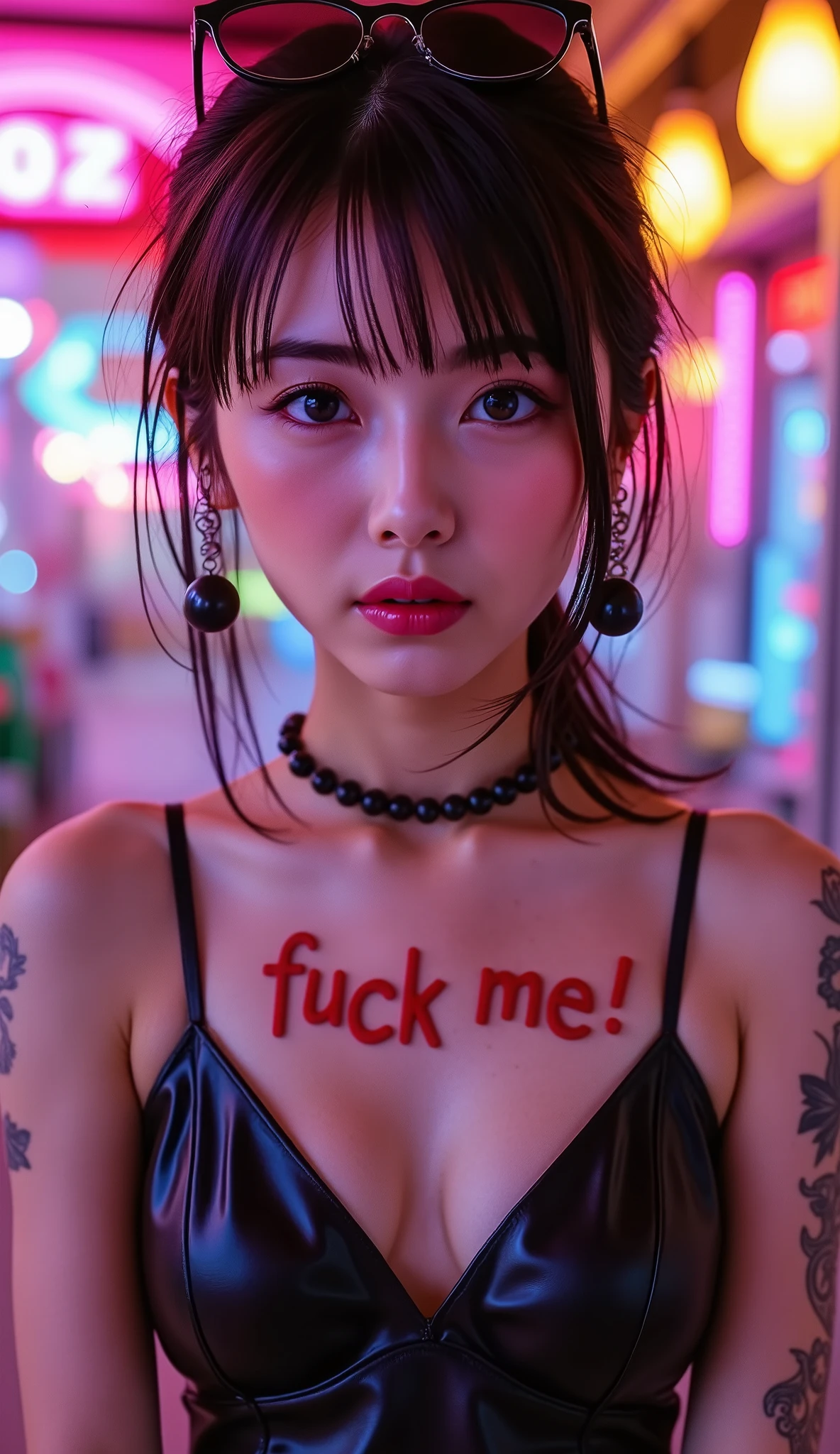 breathtakingly beautiful , perfect composition , proper placement , Golden Ratio, beautiful Japanese woman , Breathtakingly Beautiful Pictures , Damp, Messy brown hair , Keen Attention to Viewers , Pose where you hold a condom in your mouth and 、 cross your arms to highlight your penis, light brown hair :1.331, Messy straight hair, sunglasses on your head , brown eyes, Heavy makeup, gal makeup, Landmine Girl, Dark style, black leather camisole, big black earrings , Black pearl necklace, Attractive figure , On the chest"Fuck me!" It's red and 、 it's a mess :1.331, Rainbow background, super cool neon lights ,