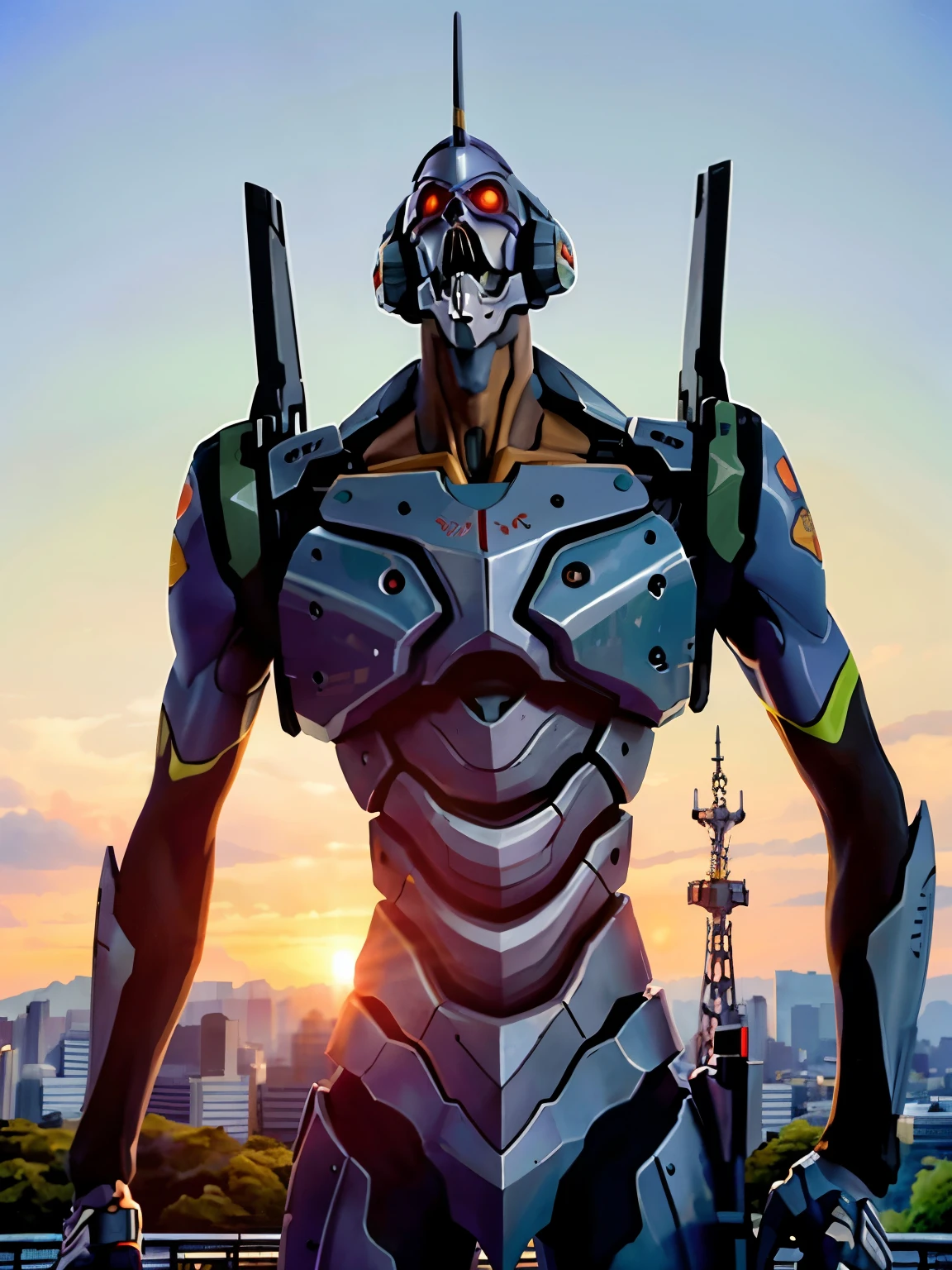 Eva01), (Eva初号機), realistic, Eva, evangelion mecha realistic, SF, Staring at the Audience , ( Official Art, Mejor calidad , Masterpiece: 1.2), High Definition , background, 8K HDR,(Extremely biological ),( has a pro knife ),( see a beautiful abstract background {x} smooth body surface like a living thing ),( A futuristic city with few bullets and beautiful organic stuff ),( head is the first unit ),( Organic giant ), Full Body Portrait,(Broad shoulders),( musculoskeletal 々),( back arched),( Saturn Stance ),( can see internal teeth when opening the mouth ),( Beautiful Sunset ),( Extremely Wide Shouldered ),(The 200-meter-tall giant ), Unicorn、( body like a bodybuilder )