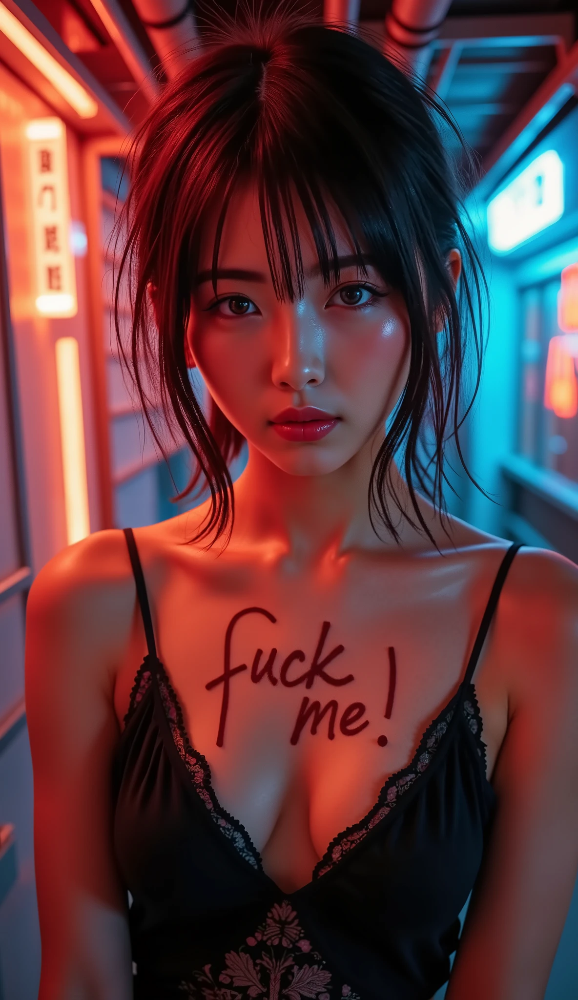  breathtakingly beautiful  ,   perfect composition ,   proper placement  , Golden Ratio,    beautiful Japanese woman  ,   Breathtakingly Beautiful Pictures , Damp, Messy brown hair ,  Keen Attention to Viewers  ,  Hold a condom in your mouth、Poses that emphasize one's chest,   light brown hair :1.331, Messy straight hair,  brown eyes, Light makeup,   gal makeup, Landmine Girl, Dark style,  black camisole sandwiching a human woman ,  Beautiful breasts, Attractive figure , On the chest"Fuck me!" It's red and 、 it's a mess  :1.331, Narrow shed ,   super cool neon lights   ,