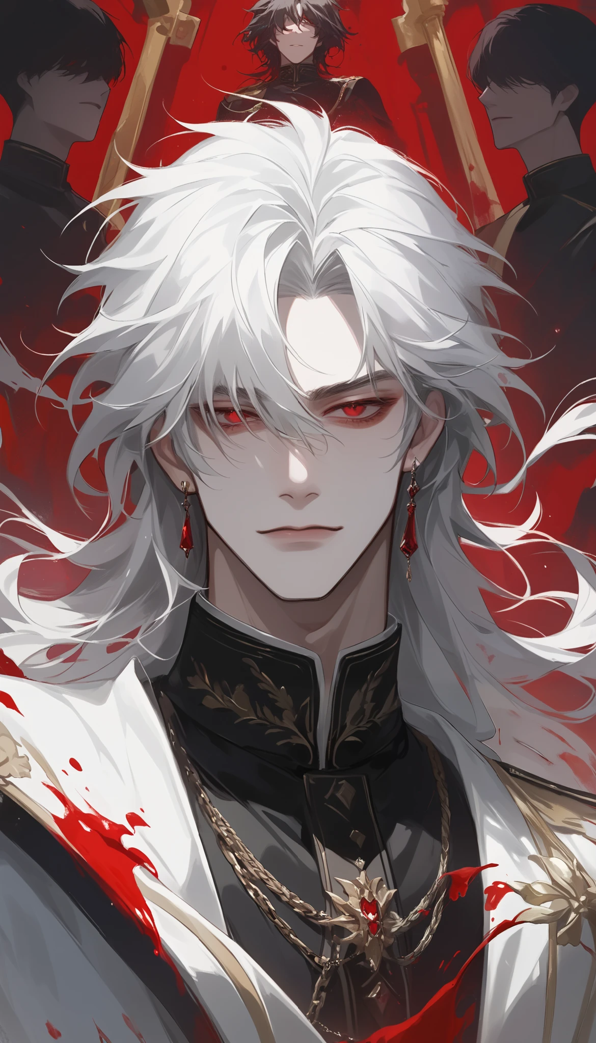 (score_9, score_8_up), (long messy hair, very messy bangs almost covering eyes), masterpiece, best quality, 1 man , white hair , perfect face , red eyes , handsome male , Alone, adult male , delicate line drawingimpasto, masterpiece, high resolution, Top quality, unique , 1 male , nice , white skin , white haired, Emperor, royal, smirk, (in a dark room filled with statues and Ruby, blood splatter, beautiful red eyes, slightly muscular)