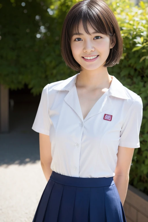 (best quality), ashlynnbrooke, mature woman, milf, portrait, japanese school uniform, shirt, detailed face, mascara, makeup, smiling, short hair, outdoor, city <lora:ashlynnbrooke:1> detailed skin