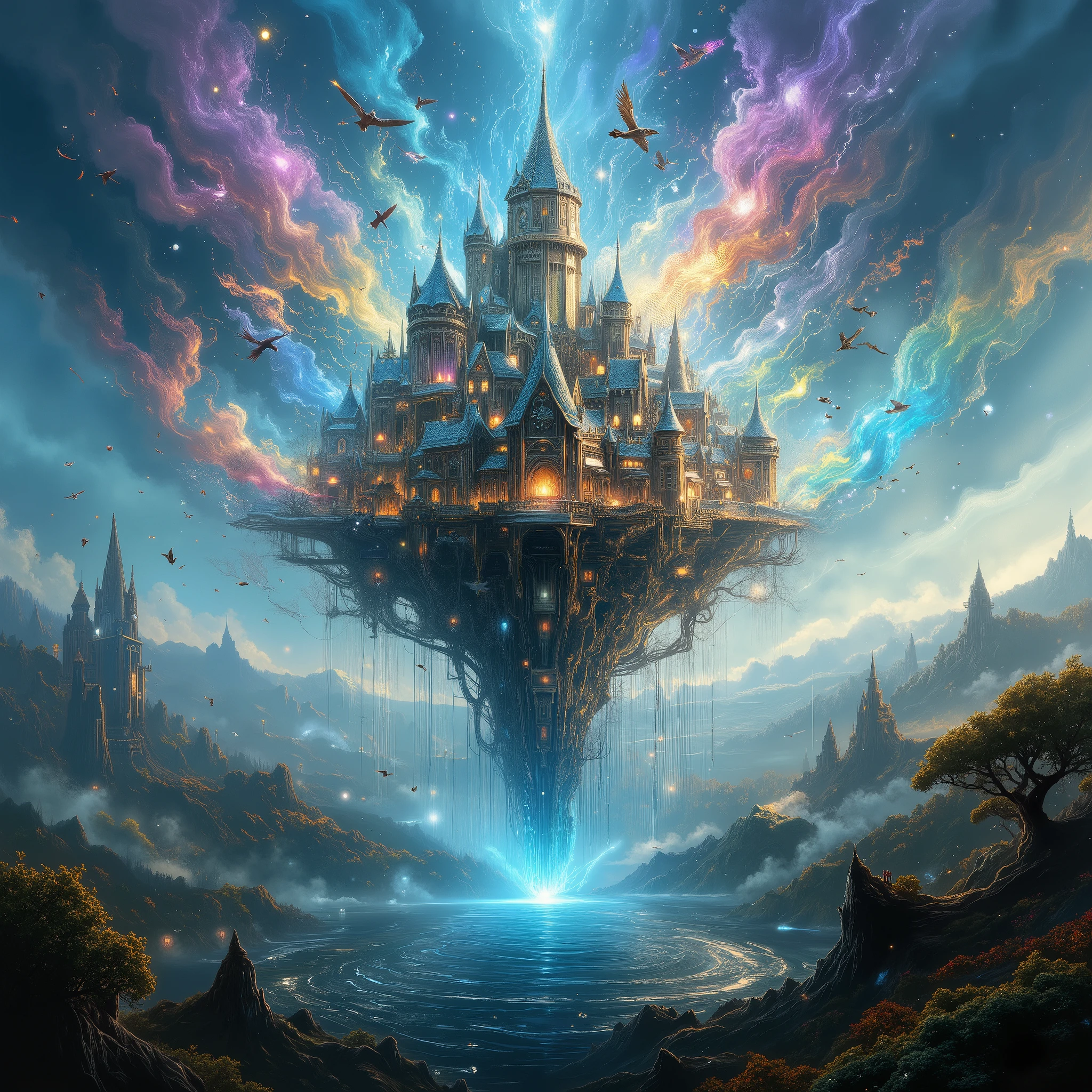 castle, cloud, scenery, no_humans, bird, sky, castle_sky, castle_fly, outdoors, fantasy, day, tower, water, fire, cloudy_sky, tree, blue_sky, rainbow_lights, rainbow_colors