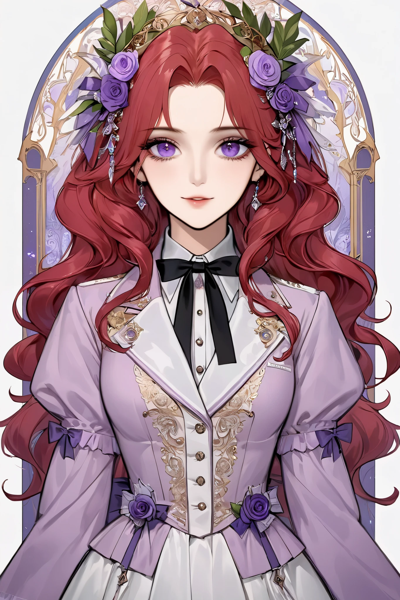 (extreamly delicate and beautiful:1.2), 8K,(masterpiece:1.0),(best_quality:1.0), 1 girl, and intricate detailing, Enlarged textures, and intricate detailing, finely eye and detailed face, and intricate detailing, red long curl hair, (sweet smiley), Perfect eyes, Equal eyes, purple eyes (A famale god) with purple academy victorian lady, look at camera, red long curl HAIR, purple EYES, red long HAIR, purple EYES, Full body, with hall academy fantasy background, purple academy victorian lady, hairpin like laurel crown yunani, perfect body, hall academy fantasy background