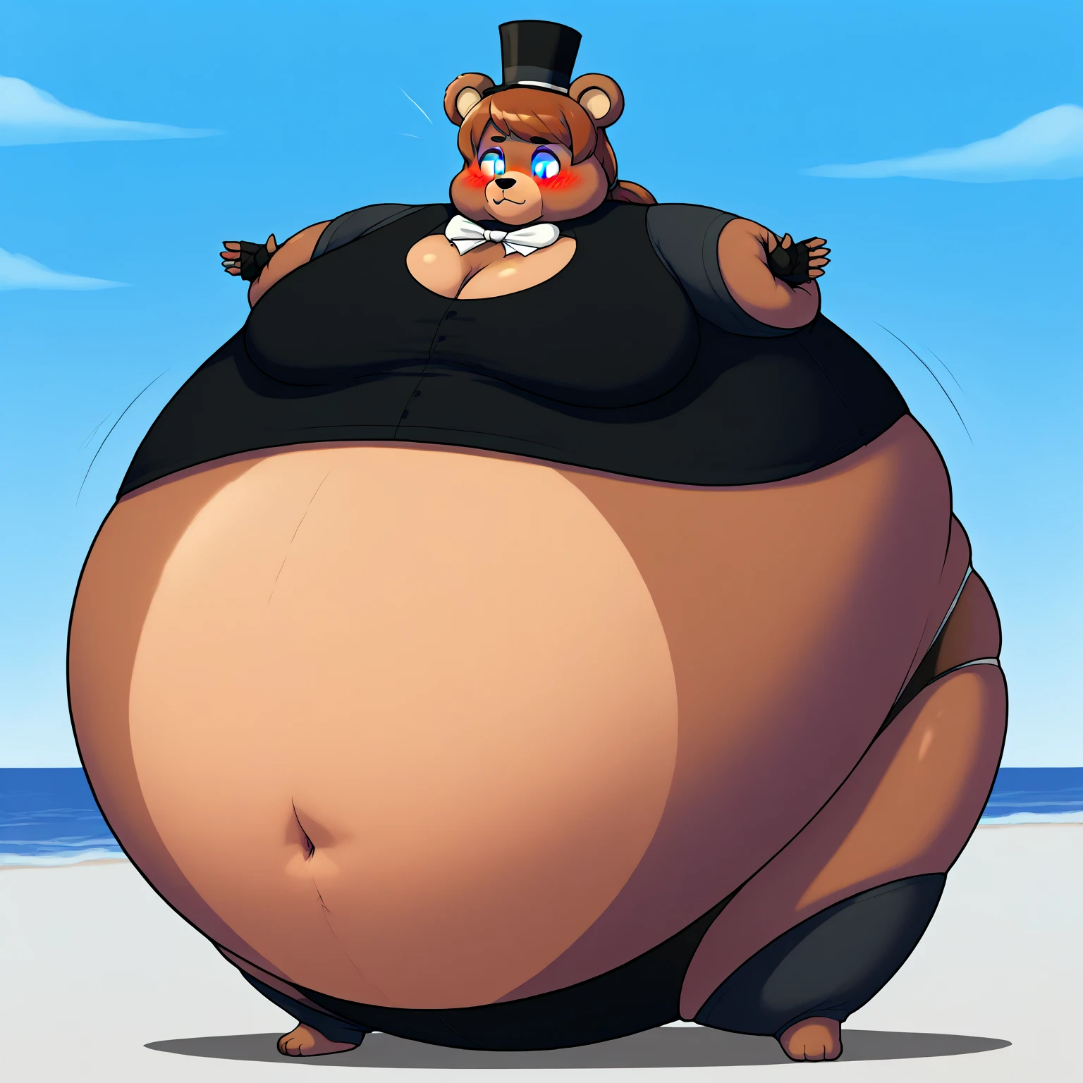 score_9, score_8_up, score_7_up, score_6_up, score_5_up, score_4_up, desolate, detailed background, bedroom, anthro bear, male, brown fur color, beard, red cap covering eyes, shirtless, jockstrap, shy, inflating, hyper belly