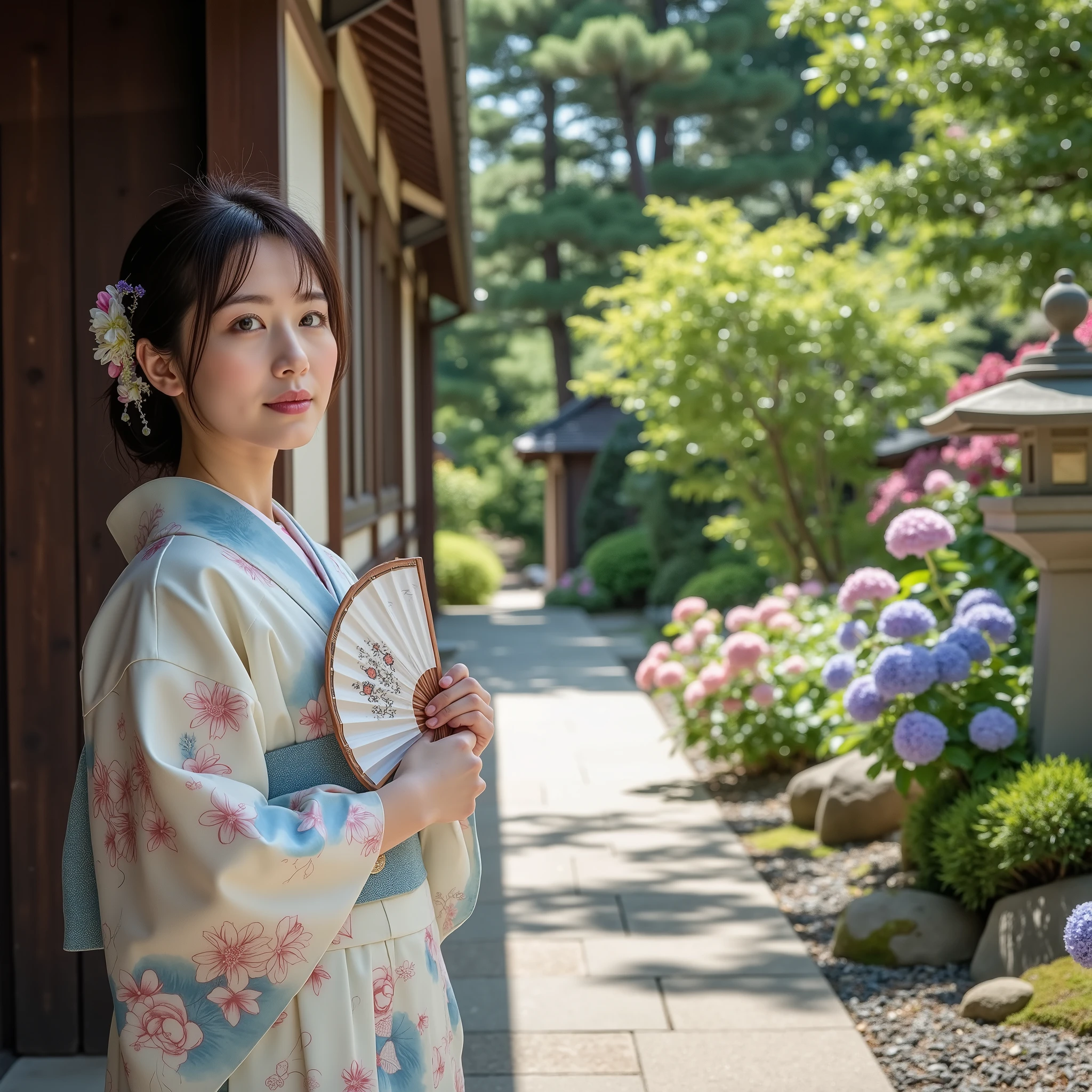『 a Japanese girl :1.3』『 real photos:1.3』 best quality :1.2、(( big breasts))、 showing slight cleavage 、(( young woman))、(( have red cheeks ))『 smiling showing teeth :1.9』、((( anatomically correct、 Complete anatomy、 anatomically correct指)))、 realistic, best quality , super high resolution, RAW photo, (Curvy body)、 A realistic and cinematic depiction of a quiet Japanese summer landscape , captured from close-up , waist-up perspective in a tree-shaded hallway . outside the hallway of an old Japanese mansion , A rich garden thrives under the vibrant summer sun . A tall black pine tree casts speckled shadows on the ground , Her deep green needles are gently swaying in the wind . bright sunlight shines through the leaves , carefully arranged gravel paths and mossy stones in a tree-shaded hallway. A stone lantern stands in the midst of colorful hydrangeas in full bloom , Her soft petals are full of shades of blue , purple, pink. warm, The fresh summer air is a cicada in a quiet scene The gentle cry of .
It creates a pattern of light and shadow on , Japanese woman standing gracefully , with a gentle expression facing forward There . she is wearing a pale white and blue yukata , Decorated with delicate patterns of morning glory and swirling water , makes you feel the refreshing coolness of summer . Her dark hair is tastefully styled 、 decorated with modest flower hairpins . seed on her right hand , She has a folding fan gracefully (Sense), partially opened in the attic , pictures of flowing water and flowers are drawn on its surface . The fan adds an elegant and practical accent , As if cooling herself from the summer heat . sunlight passing through the hallway gently illuminates the delicate details of her face and kimono , creates a harmonic interaction of light and shadow . Her calm and quiet presence enhances the eternal beauty of the garden , captures a scene of a quiet Japanese summer day .