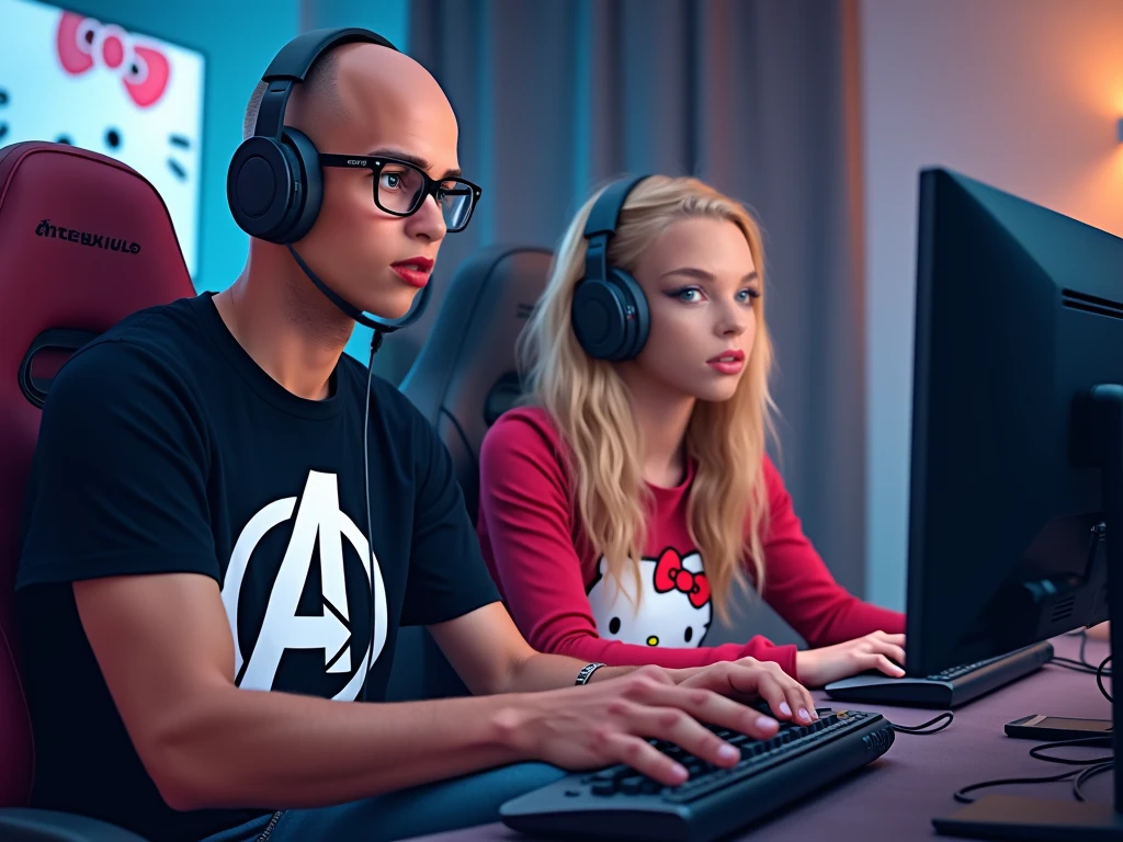 young blonde of 22 years, sitting in a gaming chair, gaming headphones with microphone, hyperrealistic