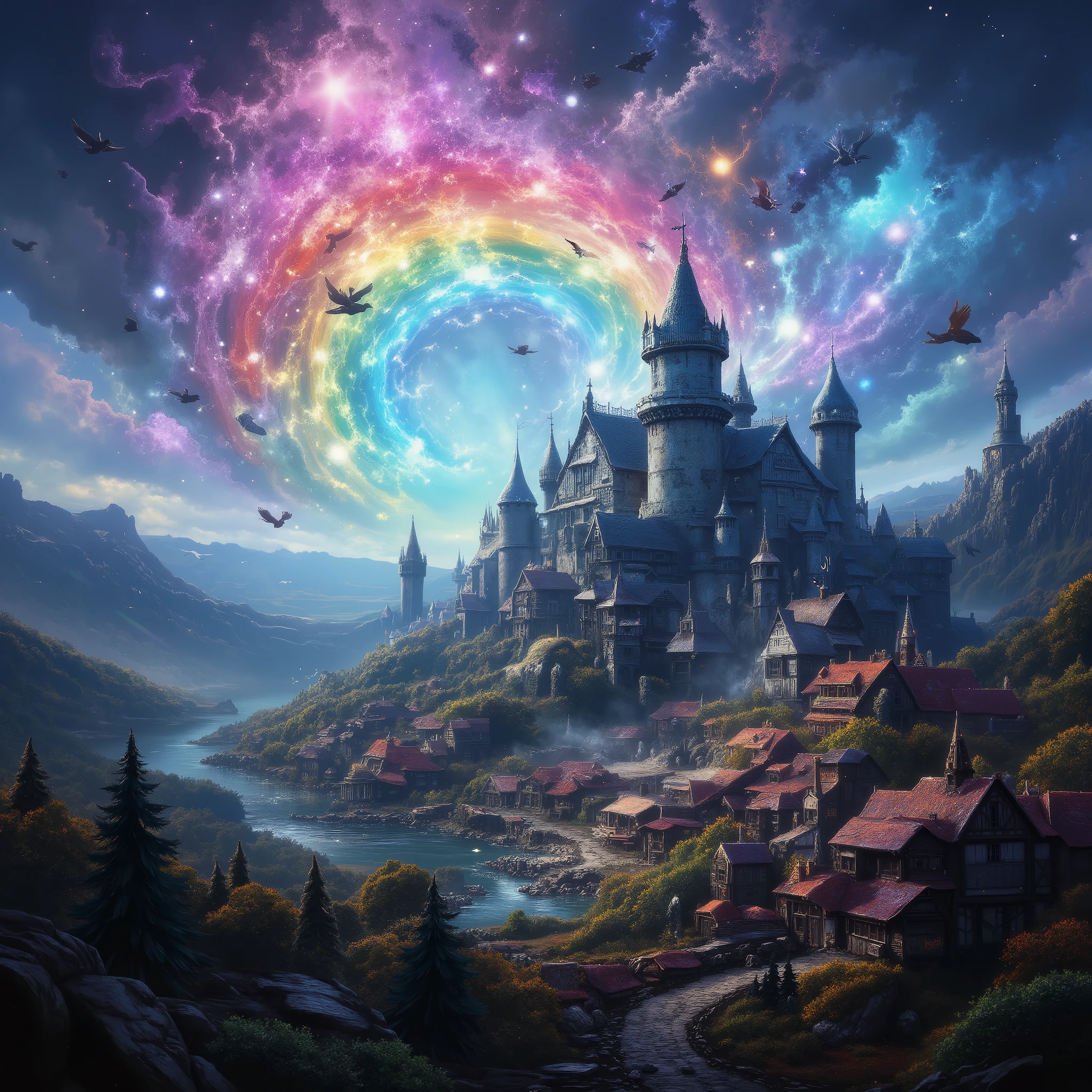 town, castle, cloud, scenery, no_humans, bird, sky, castle_sky, castle_fly, outdoors, fantasy, day, tower, water, fire, cloudy_sky, tree, blue_sky, rainbow_lights, rainbow_colors. town_with_castle_ center,