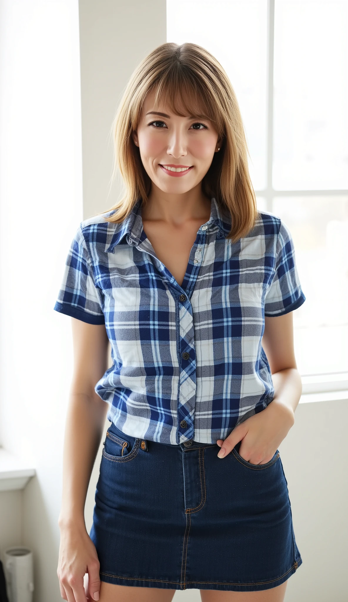 Flat body, high quality, slim body, a woman with no chest, jeans, no wrinkles in clothes