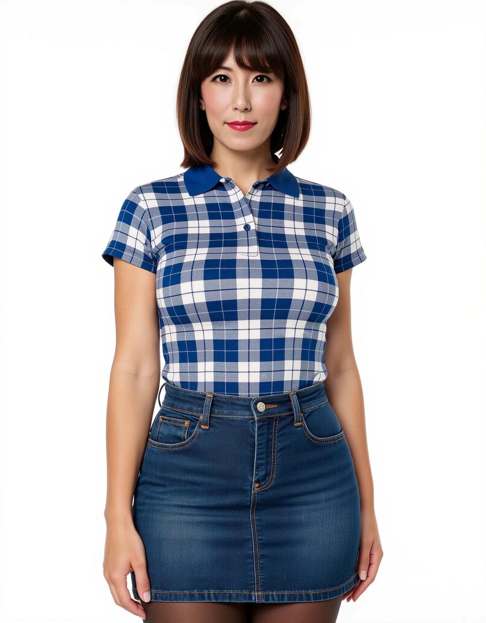 dynamic pose, (invisible, no humans, headless, faceless:1.5), cute big breasts, chubby, fat, plaid pants, stripe tie, polo shirt