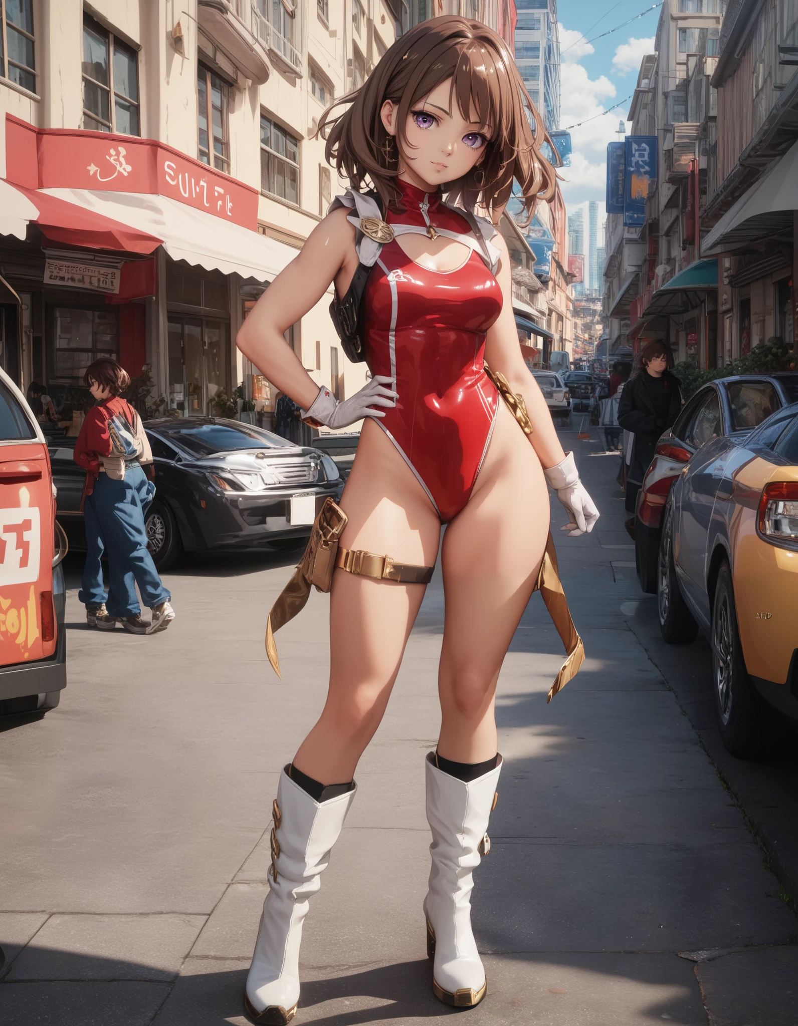 masterpiece, best quality, solo, solo focused, Lisa Imai, superhero, leotard, bare legs, boots, gloves, standing straight, hands on hip, city backdrop