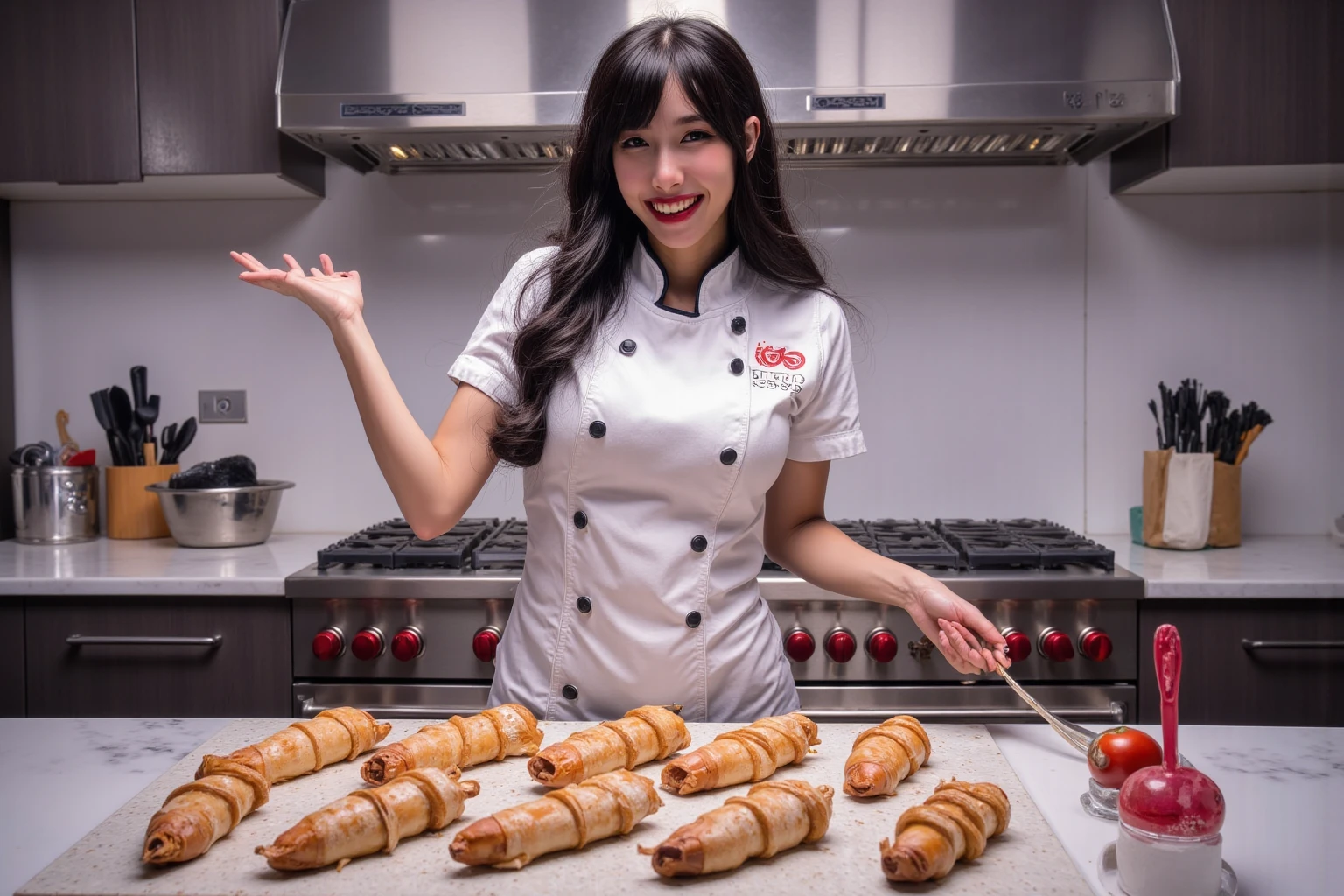 a cute woman (role of a sexy chef, cute, good mood) is making vagina shaped pastries in her perverted sex kitchen. ultra realistic, hd, ultra hd, modern sexy kitchen
