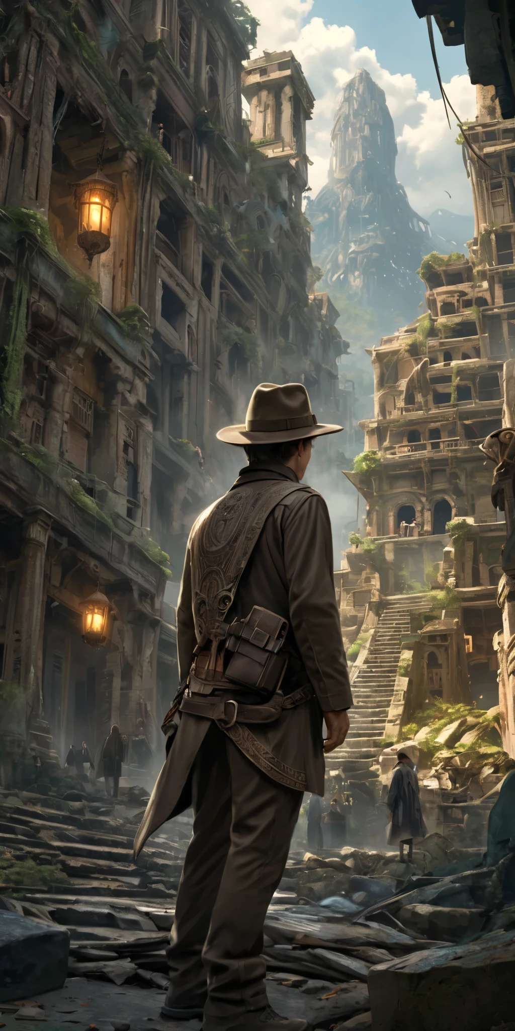 background\((inside ancient city\((futuristic:1.3), ruin,elaborate,mysterious , dark, (supernatural:1.5)\):1.4)\), very realistic portrayal, (dynamic angle:1.4).screenshot of movie, great advertisement poster, (landscape:1.3). focus on ancient city. BREAK .(solo:1.3),1boy,Indiana Jones\(Harrison Ford, movie character, wearing fedora hat, black leather jacket, sooty safari shirt, wool pants, British bag, (looking away:1.3),(dynamic action:1.3),holding shining (mystic ancient parts:1.4)\). BREAK .quality\(8k,wallpaper of extremely detailed CG unit, high resolution, top-quality, top-quality real texture skin, hyper realistic, increase the resolution, RAW photos, best quality, highly detailed, the wallpaper, golden ratio, high saturation realism, vibrant colors, dramatic lighting, persuasive storytelling, atmospheric scenery, captivating visuals, intricate details, strong emotions, dreamlike world\),(from below:1.3)