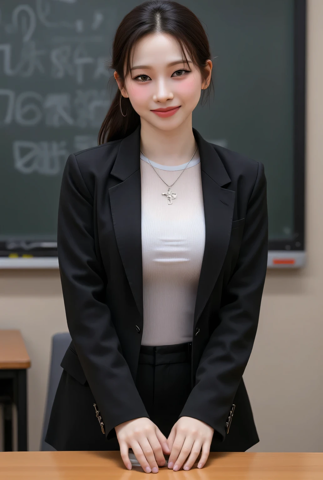 masutepiece, Best Quality, Illustration, Ultra-detailed, finely detail, hight resolution, 8K Wallpaper, Perfect dynamic composition, Beautiful detailed eyes, Suits,Medium Hair,  Natural Color Lip, Random and sexy poses,Smile,‎Classroom、20 years girl、Lifelike face、real looking skin、Realistic eyes、cute little