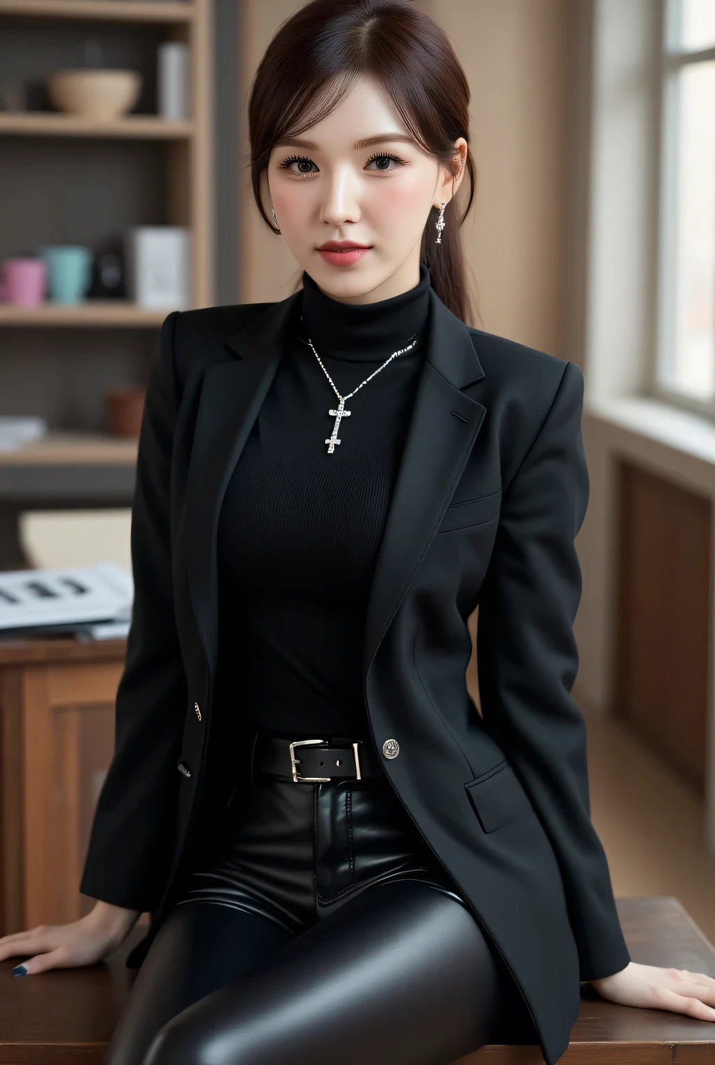 a female teacher , sitting on a table facing the front , visible from head to toe ,  wearing an unbuttoned black formal blazer with a black turtle neck model fabric tshirt,  using long latex pants to the toe of black color, seductive smile ,  using a cross necklace , Hair tied ponytail 