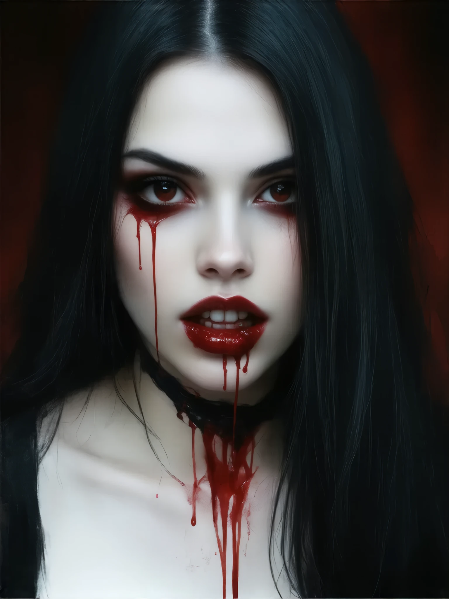 vampire woman in a red dress with blood dripping down her chest, female vampire, beautiful female vampire, beautiful vampire female queen, beautiful vampire queen, vampire girl, woman vampire, beautiful scary female vampire, portrait of beautiful vampire, scary vampire, vampire portrait, vampire queen, portrait of a vampire, portrait of a lady vampire, dark vampire, Carmilla vampire