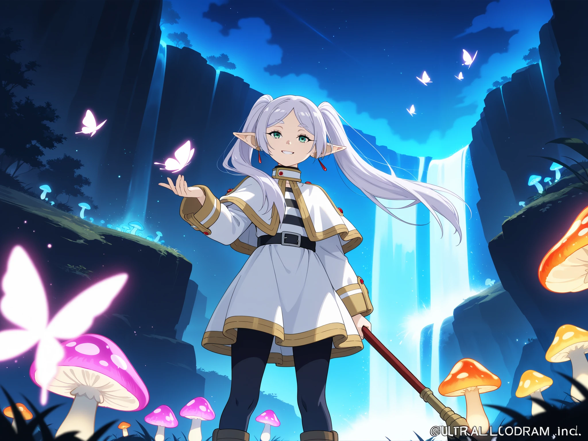 anime, frieren standing, cute grin, glowing butterfly, glowing mushroom, glowing waterfall, magical dreamland, night, vibrant colors, ultra detailed, masterpiece