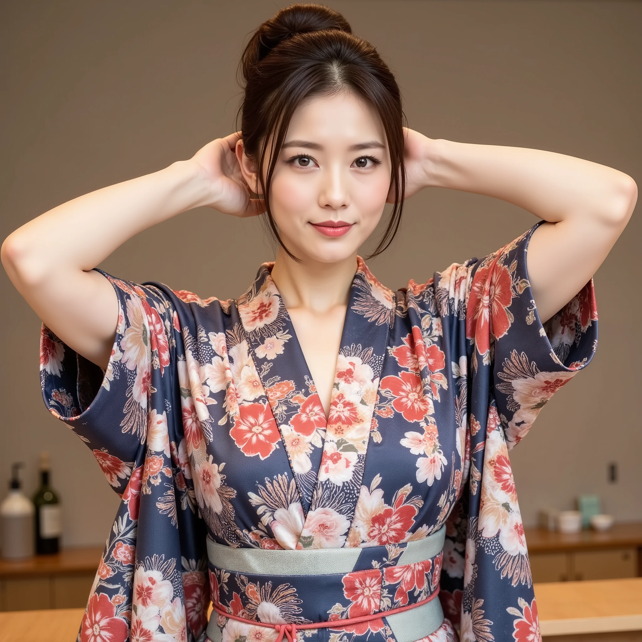 High resolution 8K image of a woman in a traditional Japanese kimono, She exudes confidence and boldness, with hair tied. She is looking directly into the camera with a piercing, intense gaze, She is standing with her hands behind her head. The kimono features intricate patterns and vibrant colors, Soft ,In front of the reception desk of the inn、
Natural lighting highlights her sharp features and the fine details of the kimono fabric. The background is simple and unobtrusive , Plain gradient and neutral colors, To focus on the subject. The overall image is of high quality , Sharp details and professional composition.