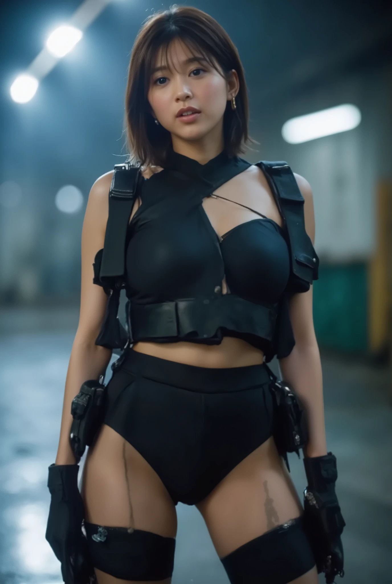 ( one woman ),(((masterpiece:2.0))),( best quality :1.5),( high resolution:1.5),(UHD:1.5),( movie lights:1.5),( Delicate Depiction),((( Carefully depicts limbs based on perfect anatomy:2.0)),(  carefully drawn with butterfly wings ))),32K,  cute face,Beautiful well-balanced face ,( 20 year old Japanese woman), Polo, ( Glamorous Shots of Japanese Women ),((紺色の警察部隊風の super high leg ボディスーツ:2.0)),(( Shiny Ultra High Leg Bodysuit :1.5)),cami style ,(( Fitted Tight Bodysuit )),((ear monitor:1.5)),(((Tactical Holster:1.5))),( gloves:1.5), high definition CG unified 8K wallpaper , ultra detail,((超 high resolution)), Draw eyelashes carefully, (( perfect body line)),(( Ideal Proportions )),リアルな肌の質感,( natural big breasted :1.5),( black hair:1.5),( beautiful eyes:1.3),( very detailed face:1.5),((Highly detailed female hand:1.8)),(( Shrimp:1.5)), crotch penetration, super high leg ,A harmonious posture,(A dark, futuristic warehouse:1.5),( cyberpunk vibe :1.5),((( blurry background:1.5))),(Sexy appearance:1.5),(( big breasts:1.5)),( Accurate Depiction of Natural Nipples ),(((Bare thighs:1.8))),((Voluptuous thighs:1.5)),( beautiful body:1.5),Anime-like glamorous body ,((Very sensual:1.5)),Women with Ideal Body Lines 
