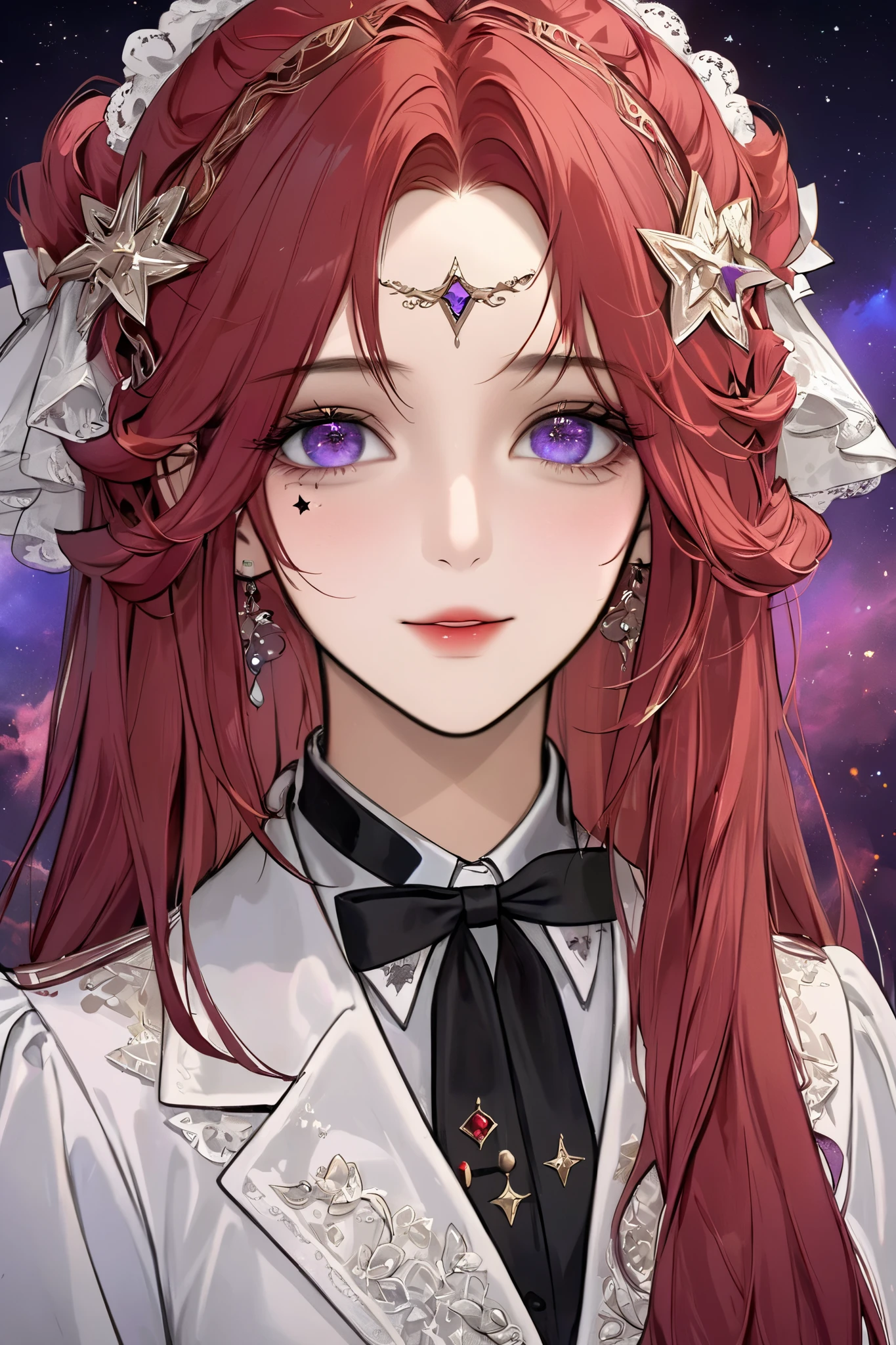 (extreamly delicate and beautiful:1.2), 8K,(masterpiece:1.0),(best_quality:1.0), 1 girl, half body and intricate detailing, Enlarged textures, and intricate detailing, finely eye and detailed face, one star symbol mark on on the right cheek, and intricate detailing, red long hair, (sweet smiley), Perfect eyes, Equal eyes,  purple nebula eyes (A famale god) with white victorian dress, look at camera, red long HAIR, purple EYES, red long HAIR, purple nebula EYES, one star symbol mark on on the right cheek, with white victorian dress, perfect picture, backround castil
