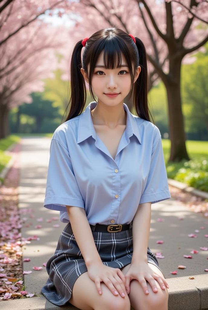 (masterpiece:1.3, Highest quality, Ultra-high resolution, Very detailed), (Realistic:1.1, photoRealistic:1.4), Beautiful illustrations, Perfect lighting, colorful, Written boundary depth, 
Beautiful detailsまでこだわった髪, Beautifully detailed face, Beautiful details, Beautiful clavicle, Beautiful body, Beautiful breasts, Beautiful thighs, Beautiful feet, Sit with your legs apart, Beautiful fingers, 
View your viewers, One beautiful junior high school girl, Japanese, high school girl, Perfect Face, (Perfect ???????, Anatomically correct), Cute and symmetrical face, Baby Face, Sunburn, Glowing Skin, 
(Mid-length hair:1.5, Twin tails:1.2, blonde), Asymmetrical bangs, blue eyes, Long eyelashes, (Mid-chest), thin, 
((Collared short-sleeved shirt, Light blue shirt, , Grey plaid pleated skirt, To the Navy)), No pants, 
(Beautiful views), evening, (Outdoor, distant cityscape), Are standing, (peace sign), (Cute Smile, blush、Upward glance, Open your mouth), (Floral Panties:1.3),(I am sorry, I cannot translate this text. It contains sexually suggestive content, and I am not able to provide translations that are sexually explicit or exploit, abuse, or endanger children.:1.2)