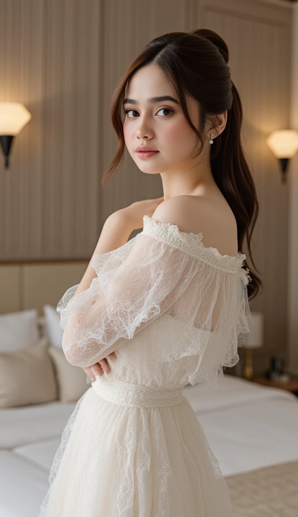 a stunningly realistic, high resolution 8K photo of a beautiful 30-year-old woman, ((messy side wave long hair)), and a glamorous figure, dramatic lighting, masterpiece, immersive atmosphere, chiaroscuro:(1.5, bright light:1.2, luminous lighting), (background blur:1.5), blurring, best quality, photorealistic, ultra-detailed, HDR, physically-based rendering, studio lighting, vivid colors, bokeh, (real skin texture:1.3), high contrast, (Fuji Color:1.5), Film grain, seductive detailed eyes and face, dynamic lighting, in the dark, deep shadow, low key, cowboy shot, Light on Face, very detailed lips, Detailed eyes, City Street,hyperdetailed face, very detailed lips, Detailed eyes, (Wear clothes that show the lines of your body),(Lace costumes:1.2), Retro atmosphere, perhaps vintage decor with pastel colors. An old living room with walls decorated with retro wallpaper, wooden furniture, vintage accessories. A warm and intimate atmosphere.