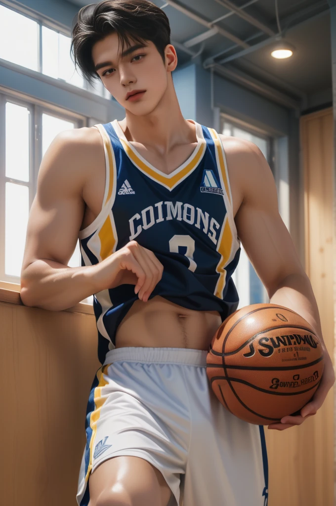 Boy playing basketball on basketball court,sweat leggs,Photos during exercise,Basketball costumes,Masculine,Exquisite facial features,virile,musculature,rich facial detail((The crotch is raised))closeup cleavage