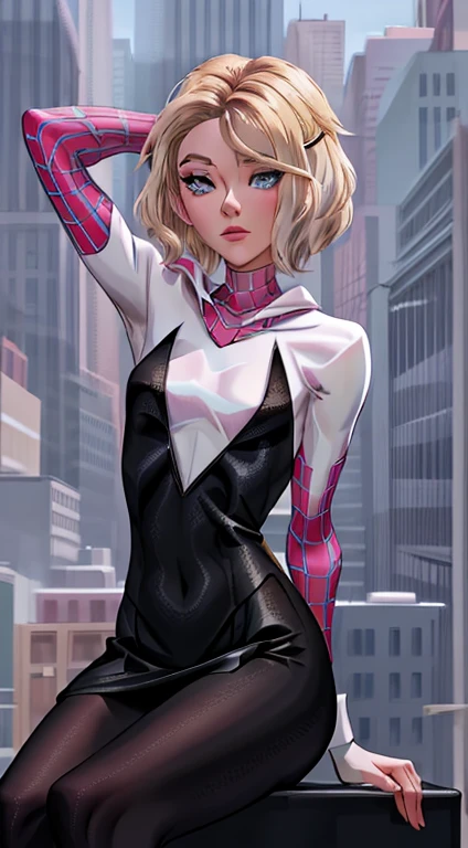 (masterpiece, Best quality, hyper detailed),Dynamic angle,whole body,web, Gwen Stacy, blonde hair, ((Blue eyes)), Spider-Gwen Costume, Body , superhero, depth of field, night, Neostyle, city, Black suit, symbiote