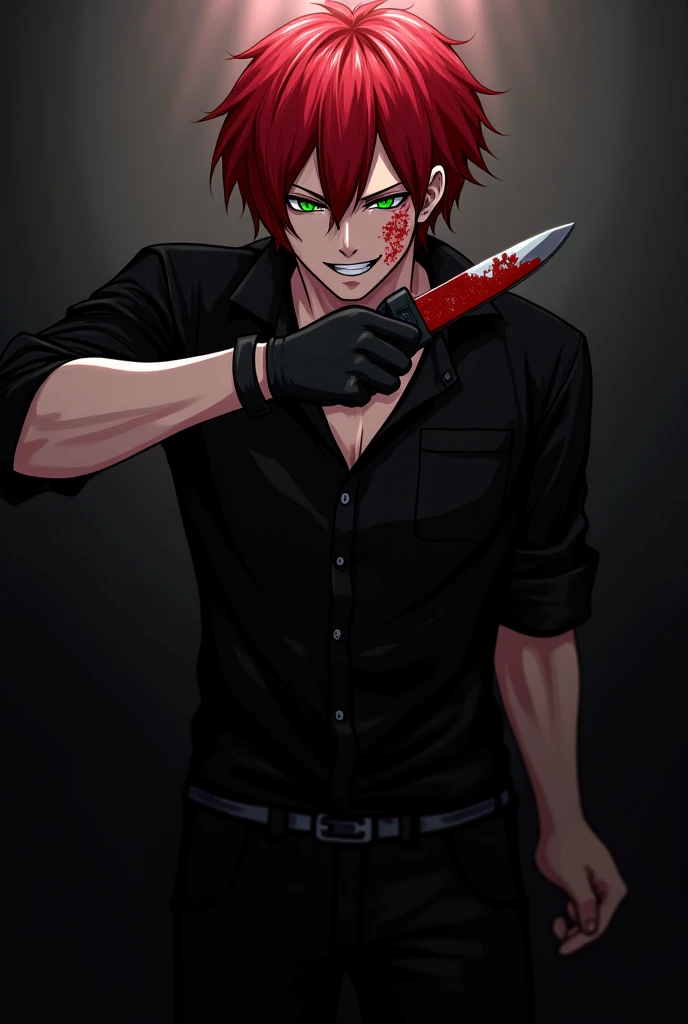  High detailed, a 22 yo's Guy, burgundy colored hair, Black eyes, medium musculature, Sharp teeth, psycho face, psycho smile, Sharp nails, Black tuxedo, background a destroyed temple