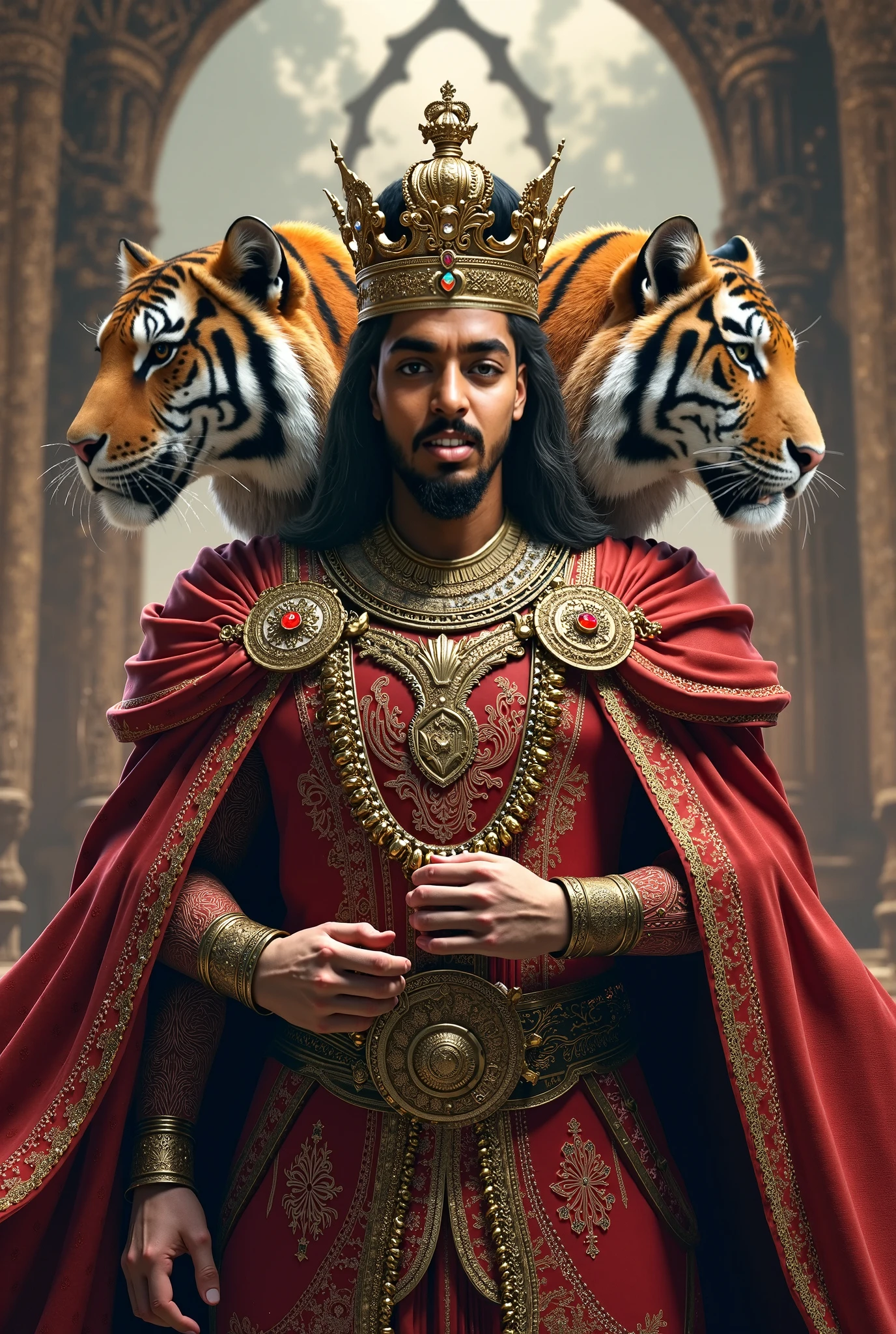 A handsome handsome man without a shirt, golden pants, skinny white skin in the desert with a falcon and two leopards sitting on a king's chair, desert palm tree behind a lake and a peacock