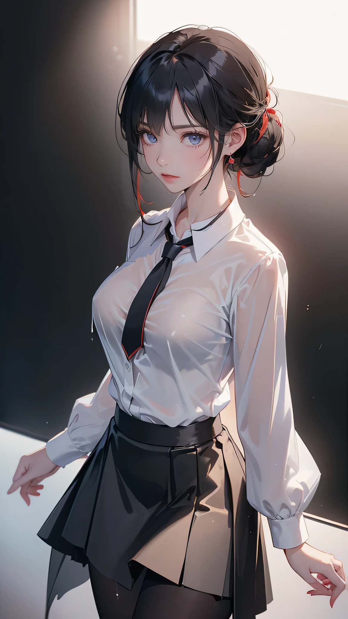 (masterpiece, best quality:1.2), 1 girl, alone , sexy , (black_H-line skirt),black skirt, (white_oxford_shirts:1.2),(office look female) ,cowboy shot, black hair ,hair bun, (office_background:1.3) , (pantyhose:1.2) , red Bra, (A red bra is reflected behind her shirts:1.2) ,(clothes are wet:1.3) close up