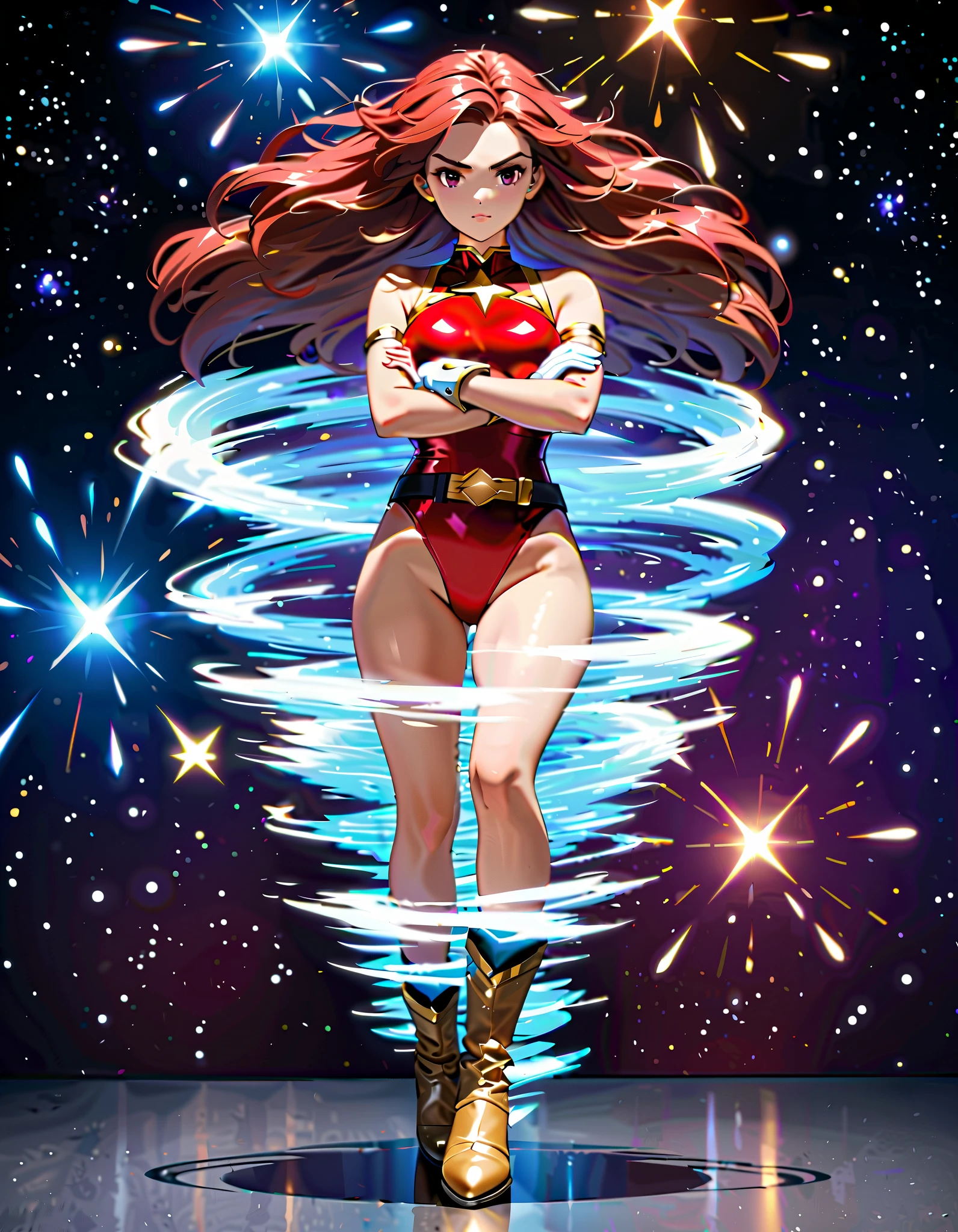 masterpiece, best quality, upper body, 1girl, superhero, leotard, bare legs, boots, matching boots, medium breasts, light particles, aura, stand, standing, highleg, twirl, spin, tornado, tornado twirl, tornado spin, whirlwind, wind particles, blonde hair, long hair, city backdrop, time travel,