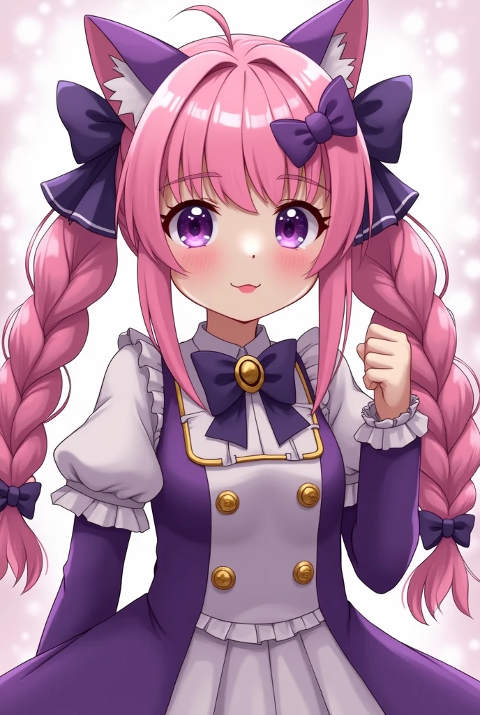 A magical girl that has pink braided hair,
wide purple eyes
an outfit theme thats seifuku and lte purple coloured
Their character type is scaredy cat
they love eggs, she transform using a musicbox and looks like a highschool girl