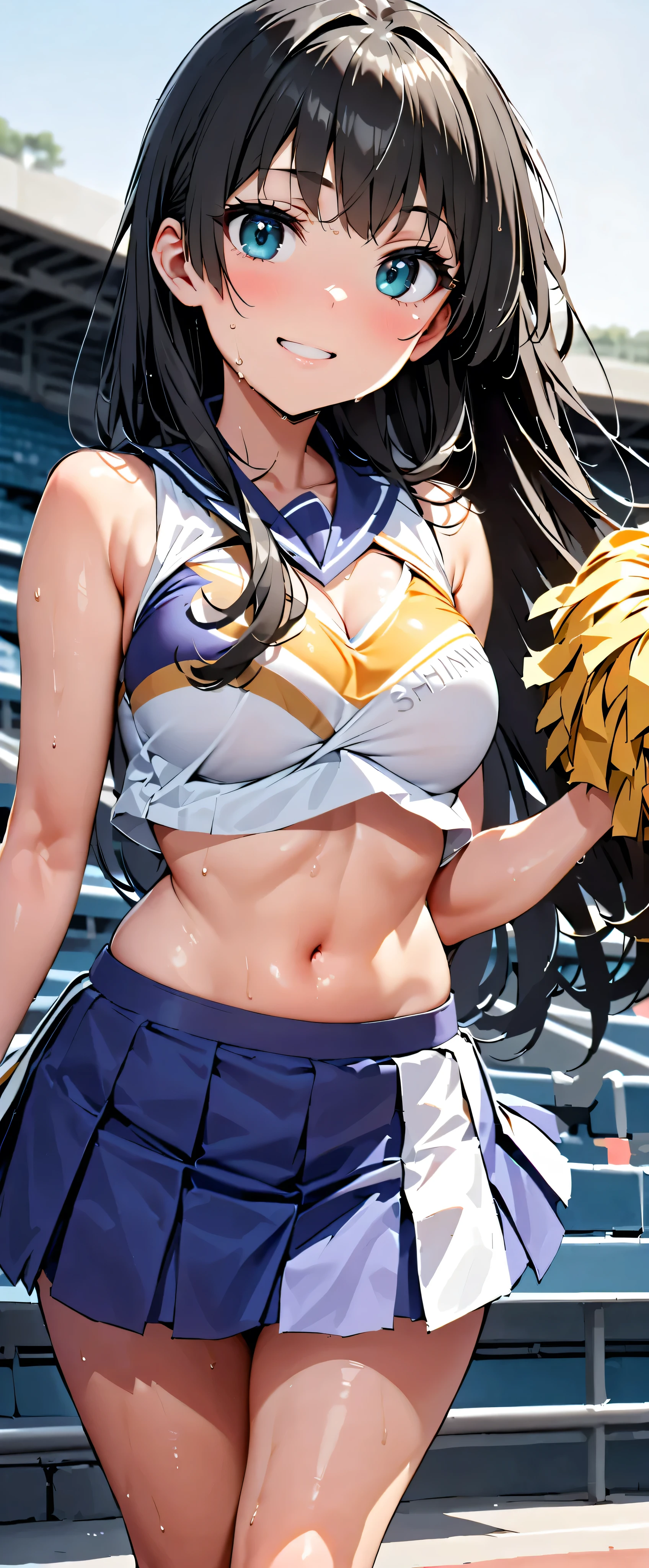 nsfw,(from below:1.4),((perfect anatomy:1.4,realistic,:1.3,RAW Photography:1.3,masterpiece、highest quality、Ultra - High resolution、High resolution、Highly detailed CG、8K)),cowboy shot,1 female,solo,20 year old beauty,((beautiful detailed face and eyes,big gorgeous eyes)),dark brown eyes,open mouth,drooling,((brown hair,long hair,forehead,center parted hair:1.2、straight hair)),(medium breasts,slender body,small head:1.4,skinny,tan skin:1.4,gleaming skin,oily skin,shiny skin,sweat:1.4), BREAK ,((Cheerleader,blue Cheerleader uniform,short sleeve、mini skirt、white panties,love juice:1.4)),((vibrater on vagina,sex toys)),standing,spread legs:1.5, BREAK, Audience seats、arena、