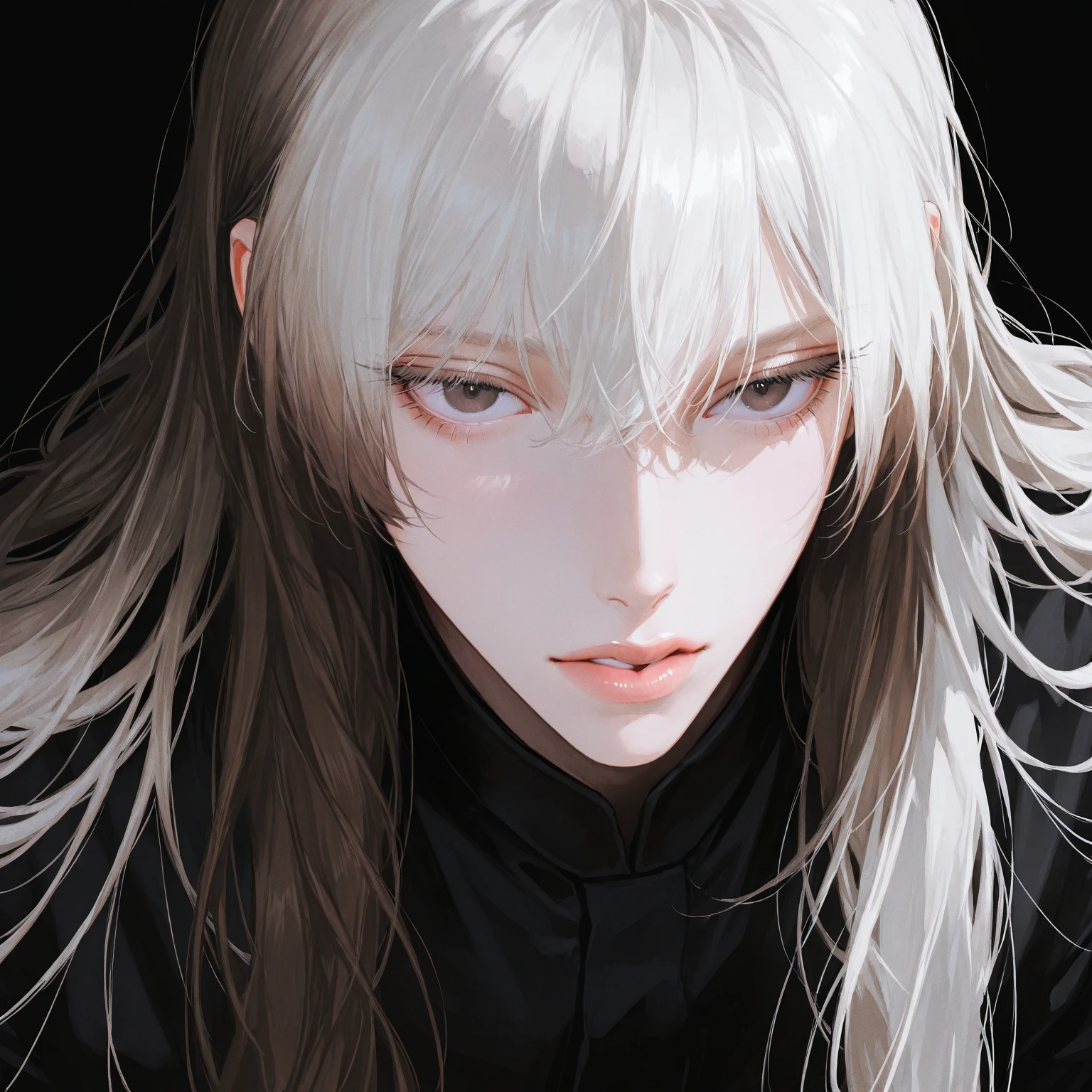 masterpiece, Male focus, 1 boy, solitary, pure white hair, black background, dark brown eyes, Upper Body, personal, close up, neutral expression. simple black clothes, simple background, big lips. full lips. glossy lips. long eyelashes. Cinematic, Masterpiece, High Resolution, Best Quality,semi-realistic art , semi-realistic art style, expressive brushstrokes, vibrant brushstrokes, impressionistic painting, realistic skin, realistic hair, realistic details, photo-realistic, high details,Very Long Hair,