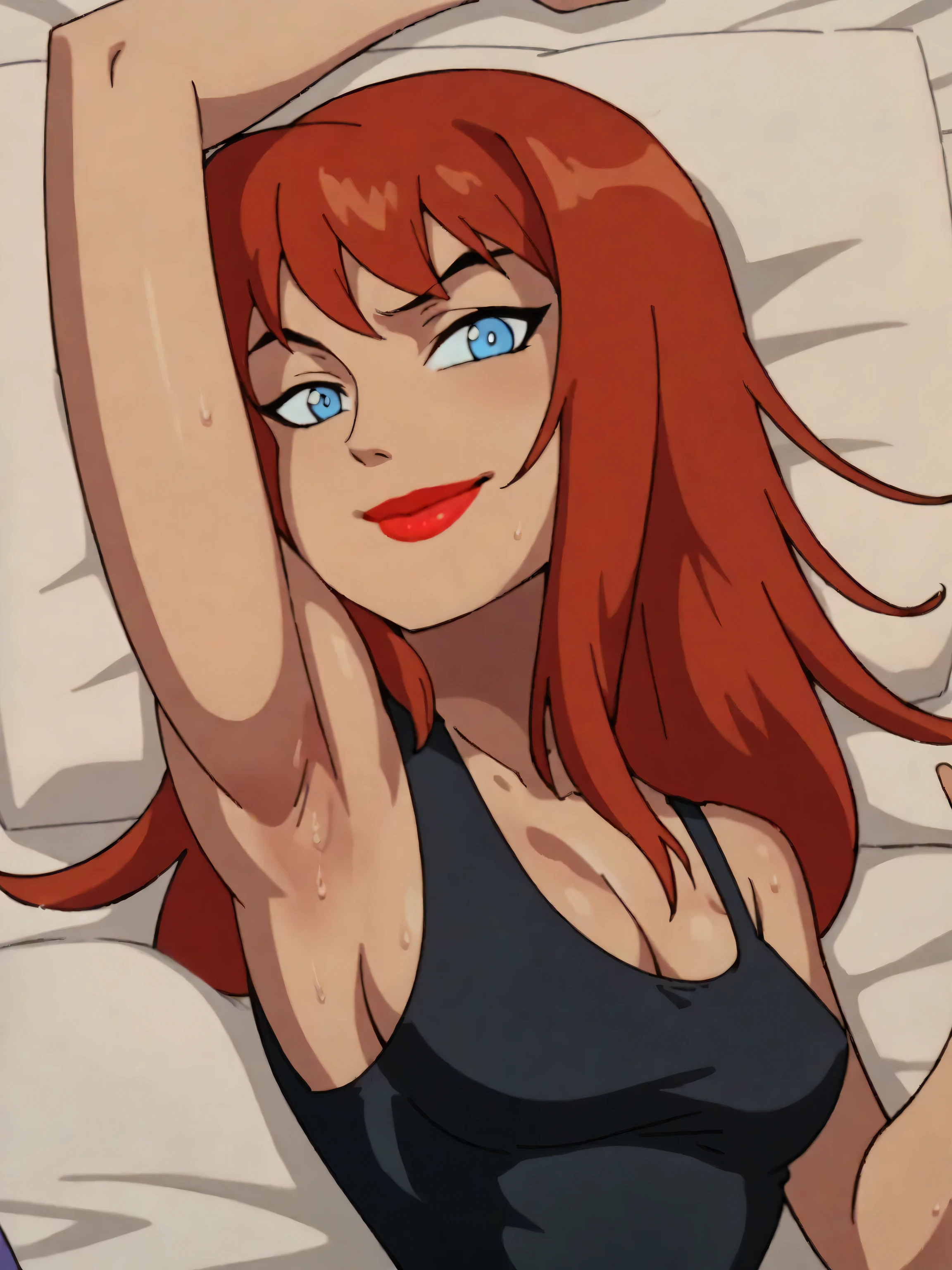 score_9, score_8_up, score_7_up, source_anime, anime screencap, 1girl, solo, Barbara, blue eyes, red lips, lipstick, makeup, red hair, black tank top, cleavage, straps, sleeveless shirt, long hair, breasts, bare shoulders, bare arms, arm up, raised arm, armpit, head towards viewer, smile, closed mouth, badhandv4, sweaty, from side, skinny, lying in bed
