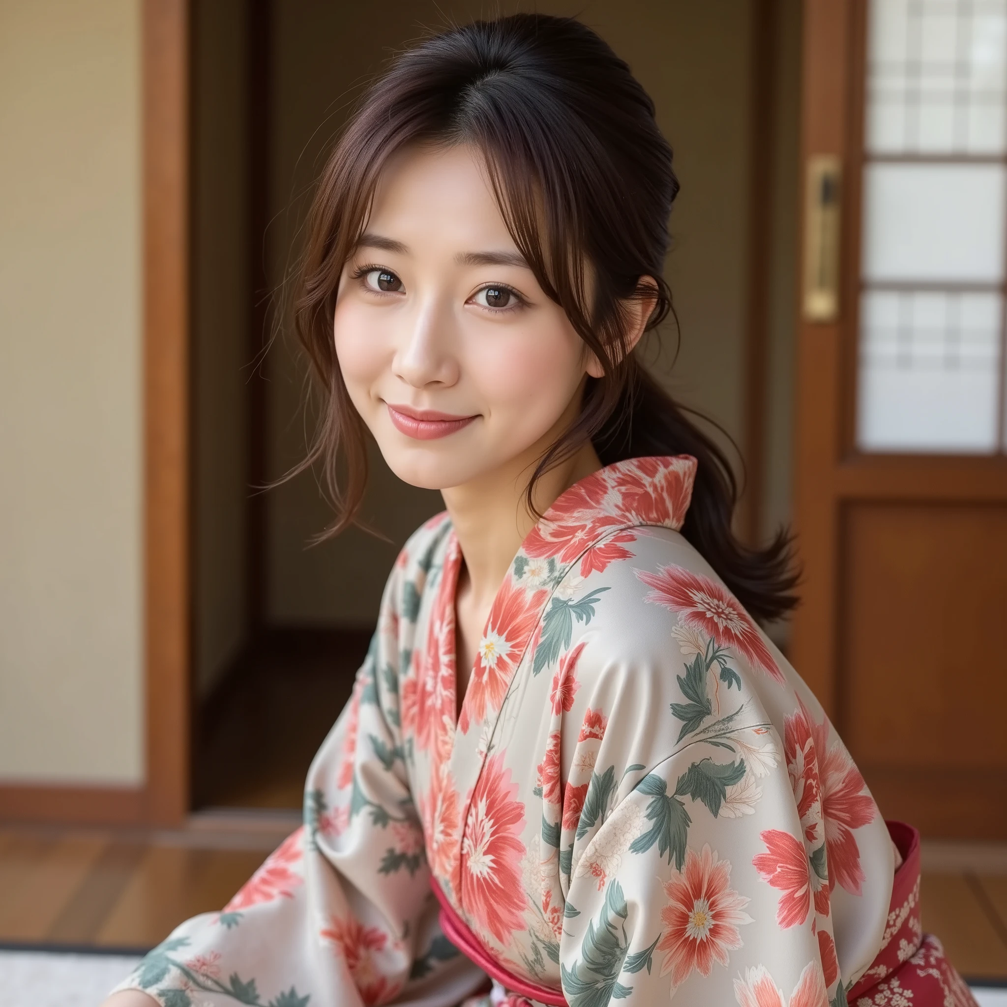 『 one Japanese girl:1.3』『 real photos:1.3』 best quality :1.2、(( big breasts))、 showing slight cleavage 、(( young woman))、(( have red cheeks ))『 smiling showing teeth :1.9』、((( anatomically correct、 Complete anatomy、 anatomically correct指)))、 realistic,  best quality ,  super high resolution,  RAW photo, (Curvy body)、， Bust Up,reality, Official Art,8K quality, more details, Fine-grained Coat , Movie Angle , cinematic texture , movie lights,Masterpiece, best image quality ,deepshadow,backlit,Outline Light,Black background, 1 girl,Red lips, tousled hair，Japanese style room， wooden floor ，Wooden door，窓際で座っている kimono姿の女性1人， girl in a sexy pose ，美しい kimonoを着る,   シンプルな水色のプリントWear a robe, 薄い青色の kimonoを着ている, 宮廷 kimonoの着用, プリント柄の kimonoを着る， Japanese Goddesses ,  Japanese model,  kimono, Wear a robe,  Naked,日本の kimono，Hanfu， long hair,Upper Leg,white lace, bend your back, ,Smile Best Quality，masterpiece，（  realistic ：1.4)