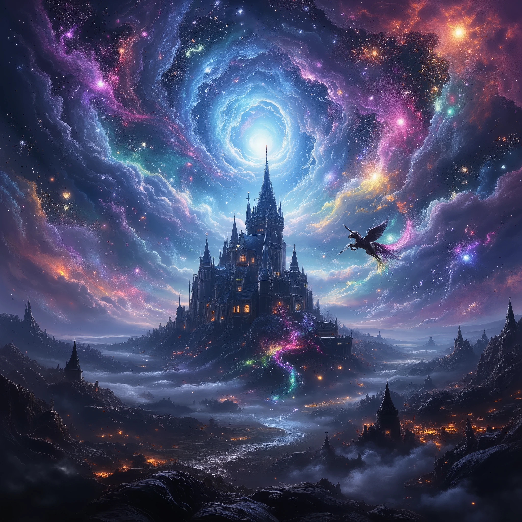 castle, cloud, scenery, no_humans, bird, sky, town_sky, town_fly, outdoors, fantasy, night, tower, water, fire, cloudy_sky, tree, blue_sky, rainbow_lights, rainbow_colors, unicorn_fly