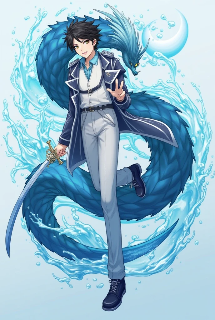 one japanese man, frost blue hair, orange eyes, high res, masterpiece, ultrasharp, jujustu kaisan style, jujutsu kaisen background, with a dragon