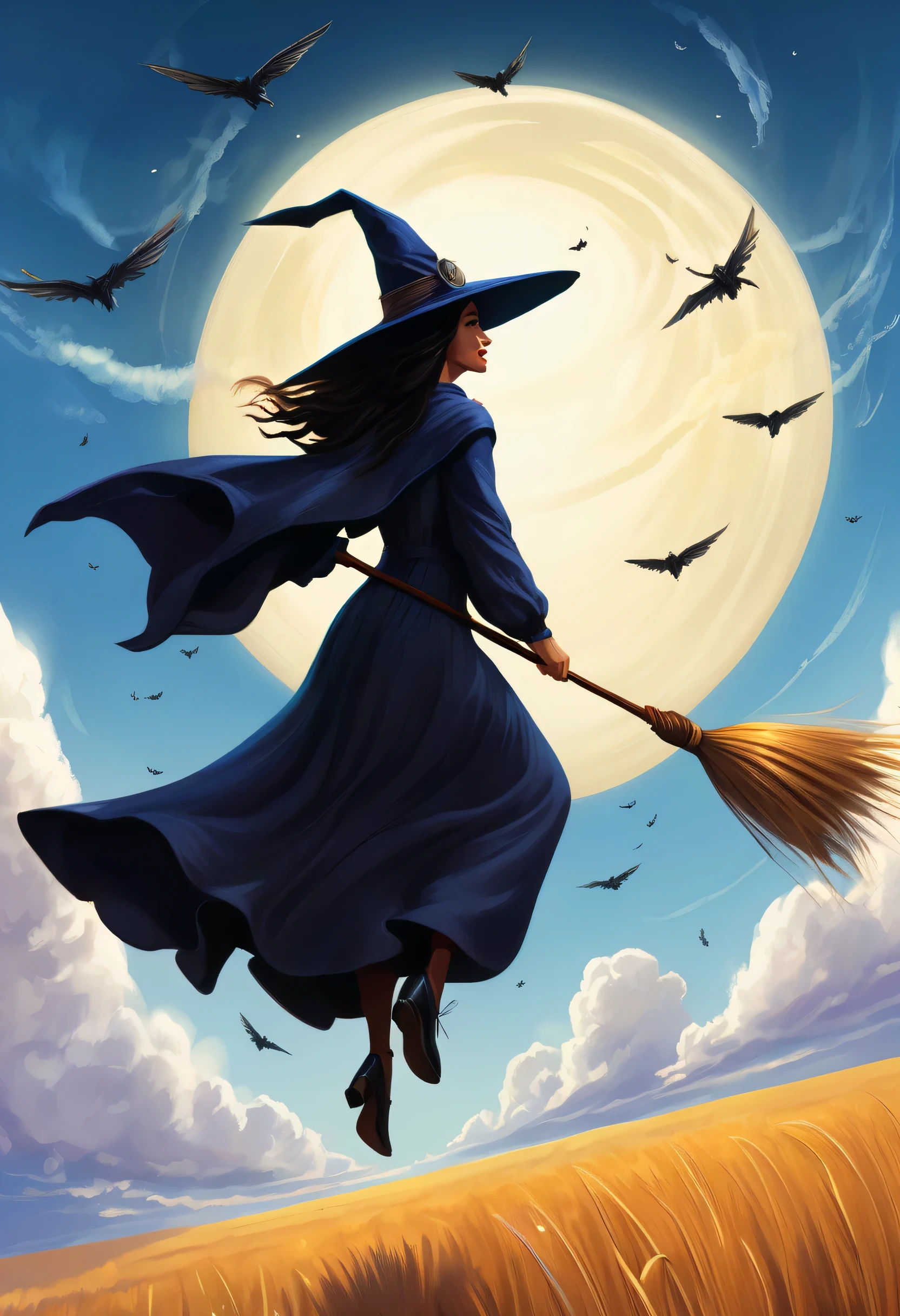(sit on a broom:1.5) witches flying in the sky with their brooms and hats, wraiths riding in the sky, sky witch, flying on the broom, rob rey, by Alexander Kucharsky, fantasy illustrations, realistic fantasy illustration, wlop and rhads, flying in sky, high fantasy illustration, jen bartel, fantasy art behance, fantasy book illustration