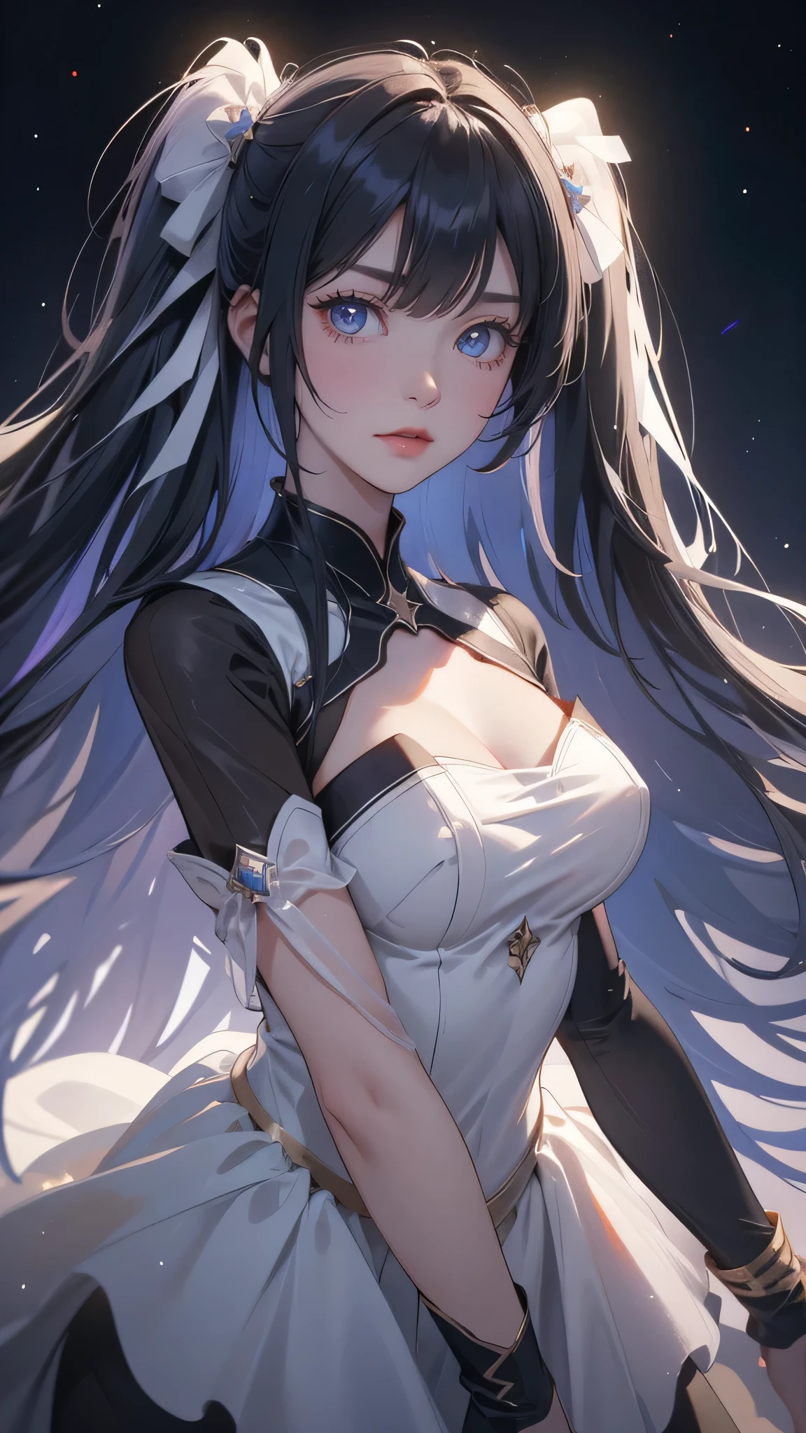 A delicate, graceful young woman with long, flowing, straight black hair and cat ears. She wears an intricately patterned blue mini-skirt dress with off-the-shoulder sleeves and a fitted bodice. The background is a dreamy night sky with petals floating in the air, a fantastic and ethereal atmosphere. Her expression is gentle, enchanting, and slightly fantastical, and the angle is from below.