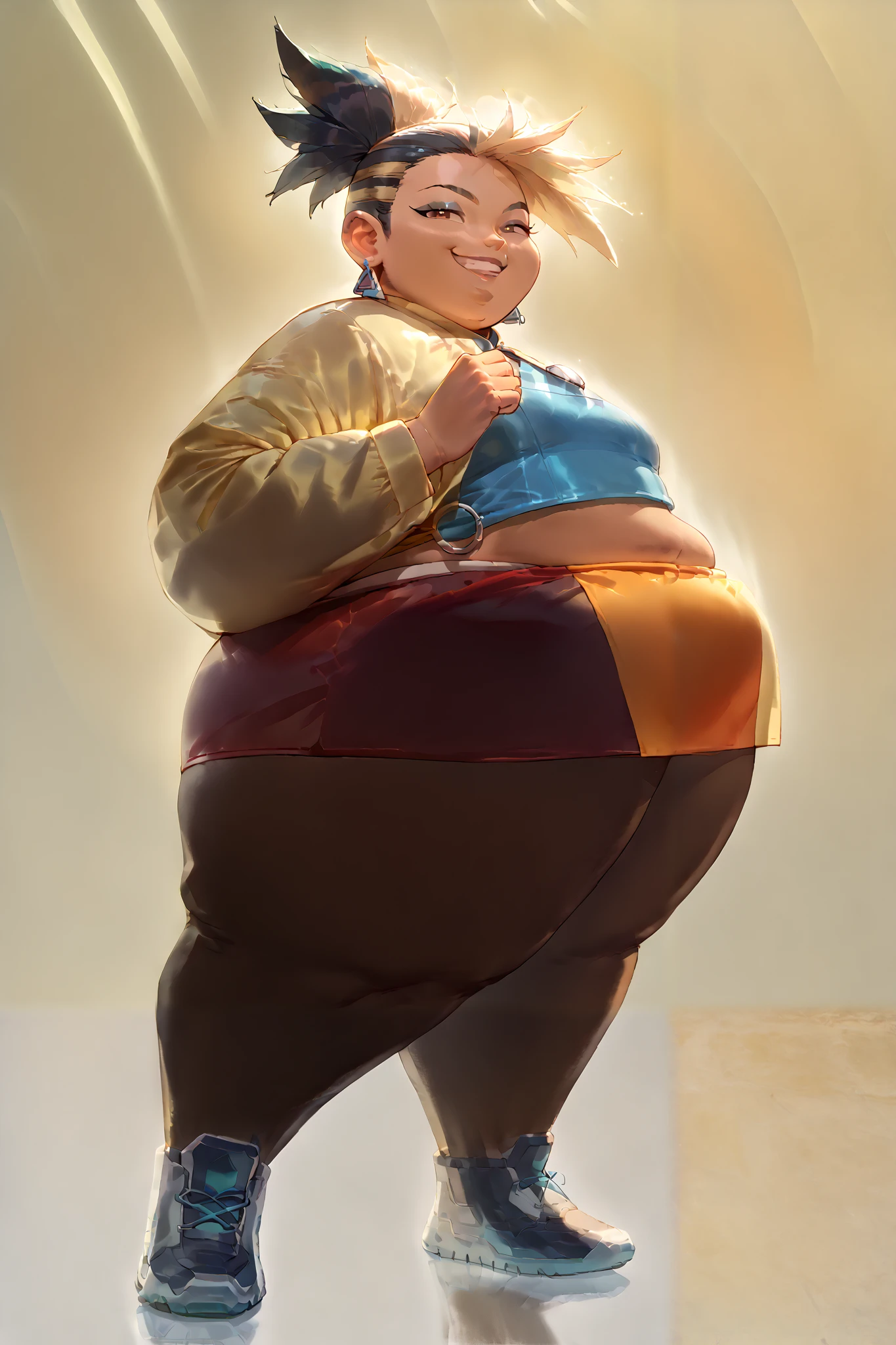 masterpiece, best quality, score_9, score_8_up, score_7_up, source_anime, full body, 1girl, Asian, brown skin, midriff, smug, smile