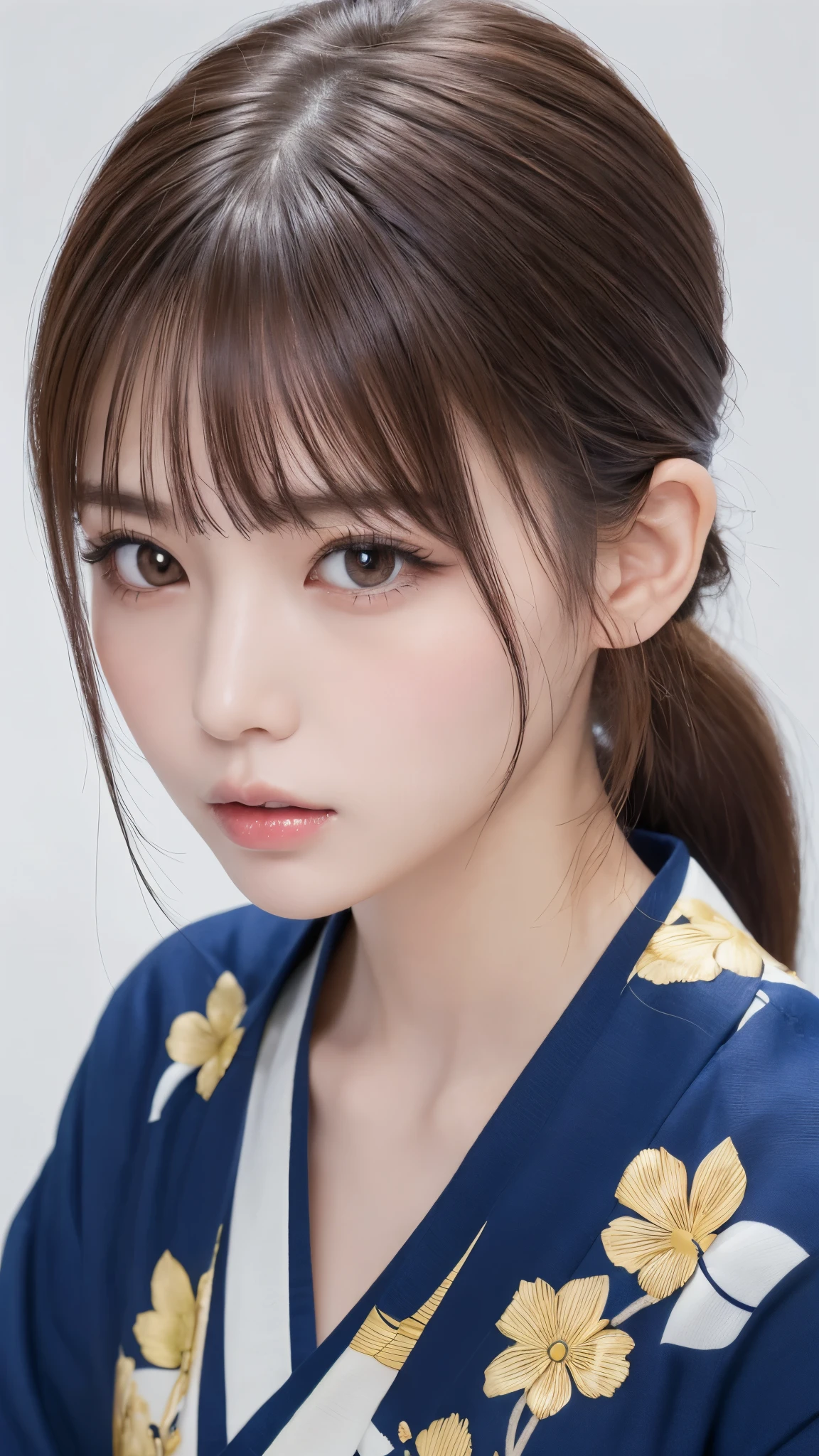 ((masterpiece, best quality , high resolution)), 1 girl , ( realistic: 1.4), Alone, , Closed Her Mouth , A little brown hair, ponytail, big eyes, transparent double eyelid , eyelash, Listen carefully, Long neck, Attractive Proportions , shiny skin, Golden ratio face, perfect face, bangs, 7:3 bangs, lip gloss, thin lips, navy blue kimono,
