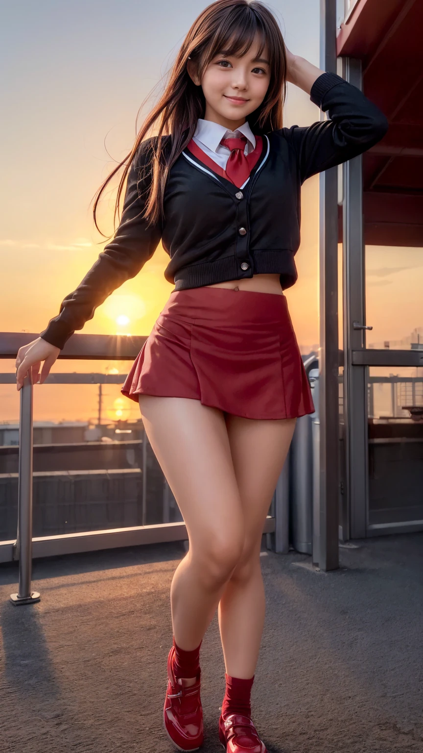 determinada menina em(a sexy Japanese school uniform:1.2), sozinho, seios grandes, Sagging Tits, ((blusa rasgada uniforme escolar:1.2)), mini saia xadrez, standing on a windswept rooftop during sunset, com vista para uma paisagem urbana, capturando um momento de empoderamento e desafio, with a dynamic pose and intricate details, Arremesso longo