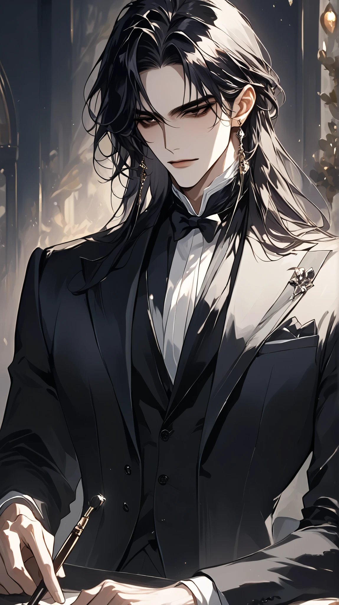 (score_9, score_8_up), long hair, masterpiece, best quality, 1 man , dark purple hair , perfect face , black eye , handsome male , Alone, adult male , delicate line drawingimpasto, masterpiece, high resolution, Top quality, unique , 1 male , nice , white skin , black haired, a butler, devil, suit, dark atmosphere.