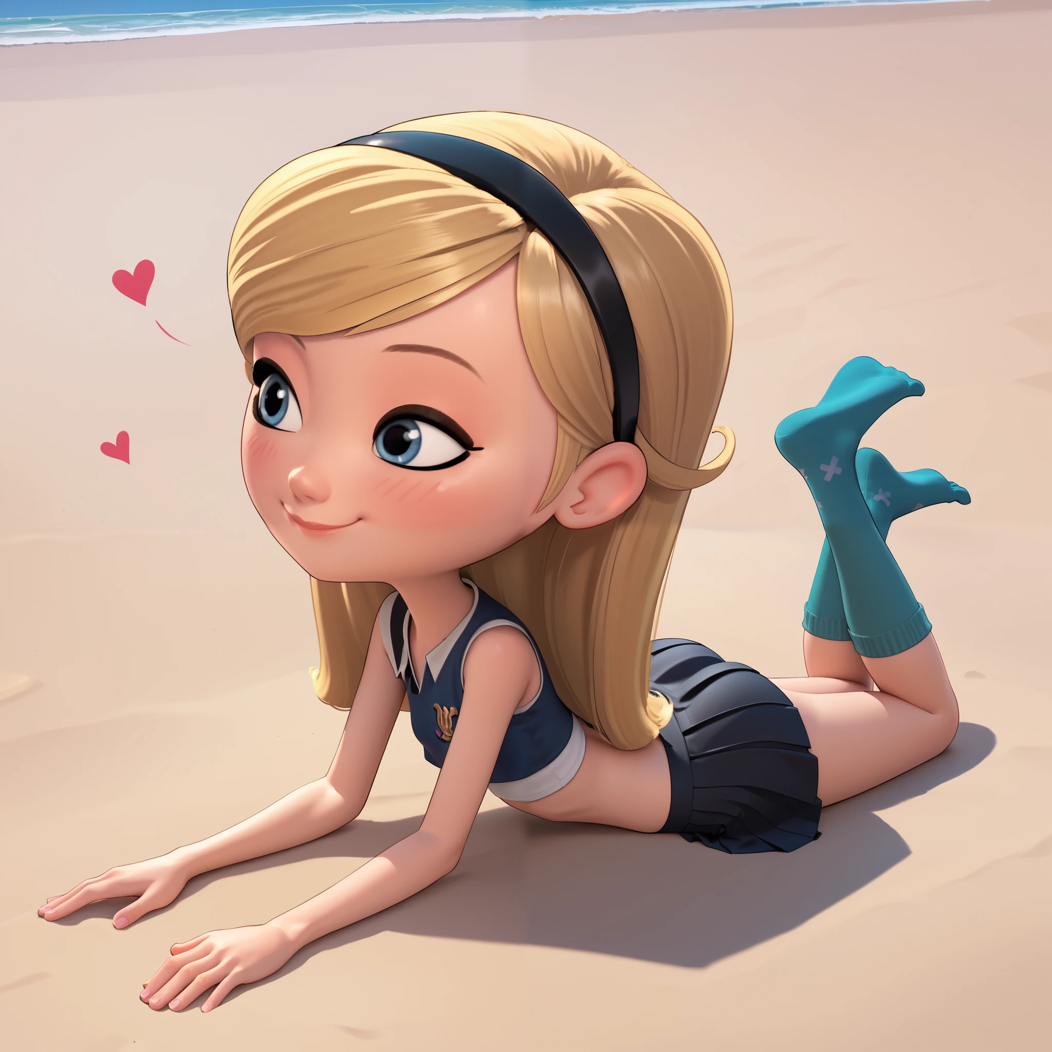 1girl, solo, penny peterson, long hair, blue eyes, 3d, blonde hair, hairband, black sleeveless cropped top, pleated skirt, black skirt, with white trimmings, trimmings under her skirt, teal socks, no shoes, straight-on, lying, on stomach, eyes closed, closed mouth, showing her butt, sideview, Cute butt, on sand, smile, blush face, blush, cute smile, hearts, heart-warming, on ground, on a beach, ((beach))
