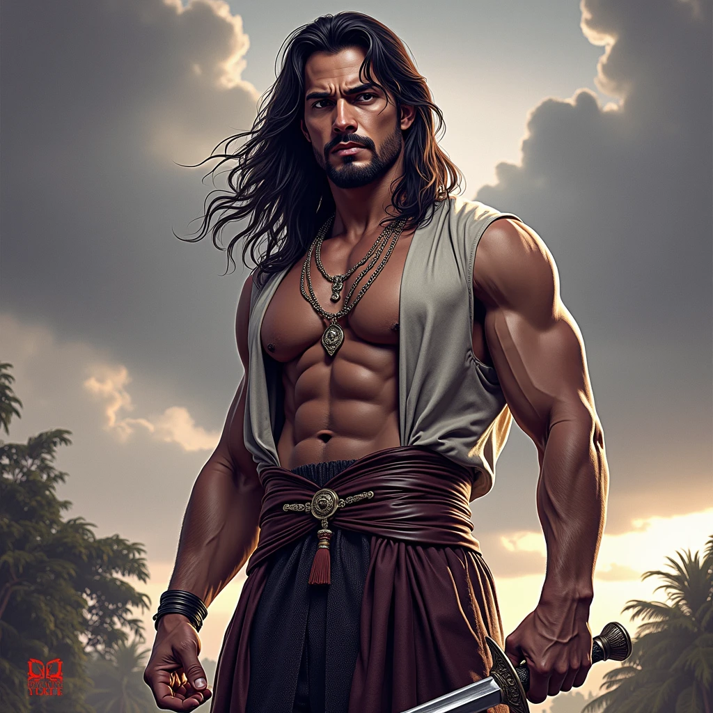 Realistic Digital Art Style -- Strong Man -- Young Adult 2 -- No Shirt -- Aura of Strength, charisma and confidence -- beautiful smile -- pretty face -- light blue eyes -- long wavy brown hair, your hair reaches the nape of your neck -- barba curta -- Calça Samurai preta -- Faixa Vermelha amarrado na cintura -- Bandagens Vermelhas nos punhos -- Pose de herói e superioridade -- Katana na cintura -- Cenário de fundo é uma linda planície com sol, Trees, waterfall and orange sky, extremely detaild, soft ambient lighting, 4K, perfects eyes, a perfect face, perfect lighting, the 1 girl)), context: The man is confident and smiling happily, light blue eye, he is a 28 year old young adult, your hair reaches the nape of your neck, strong and determined, is alone in this environment. detaileds: The sun is shining brightly, waves are gently lapping in the background, and birds are flying in the clear blue sky. ))