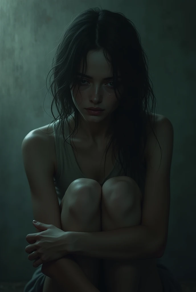 Female character with long hair and bra and panties in the room scared