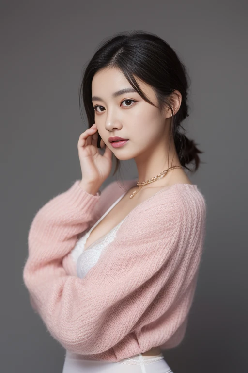(Highest quality、8k、32K、masterpiece、Hmph:1.2)、Cute Japanese Women Photos、Huge boobs:1.4、Very short bob hair、Upper body、Face Focus、Extra Large_sweater、necklace、Simple Background、From above、Looking at the audience、Cleavage:1.5、A balanced body